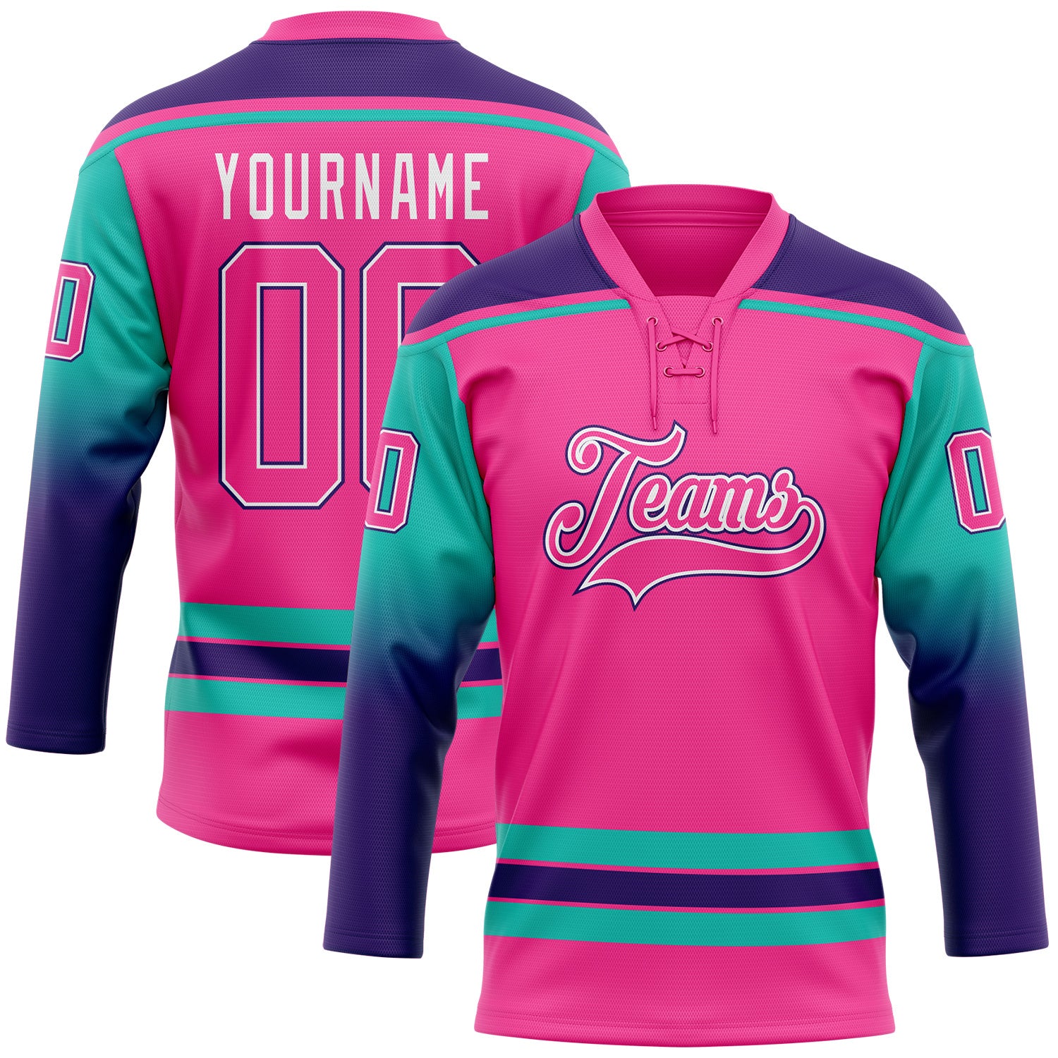 FansIdea Custom Pink Aqua Purple-White Gradient Sleeves Lace Neck Hockey Jersey - $29.99 at Proof Eyewear