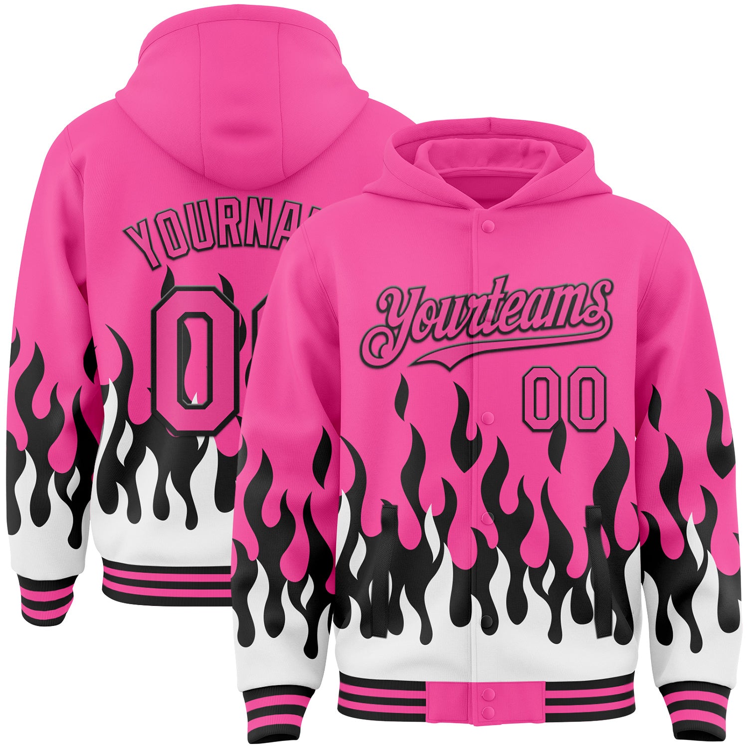FansIdea Custom Pink Black-White Fire Flame Bomber Full-Snap Varsity Letterman Hoodie Jacket - $38.99 at Proof Eyewear