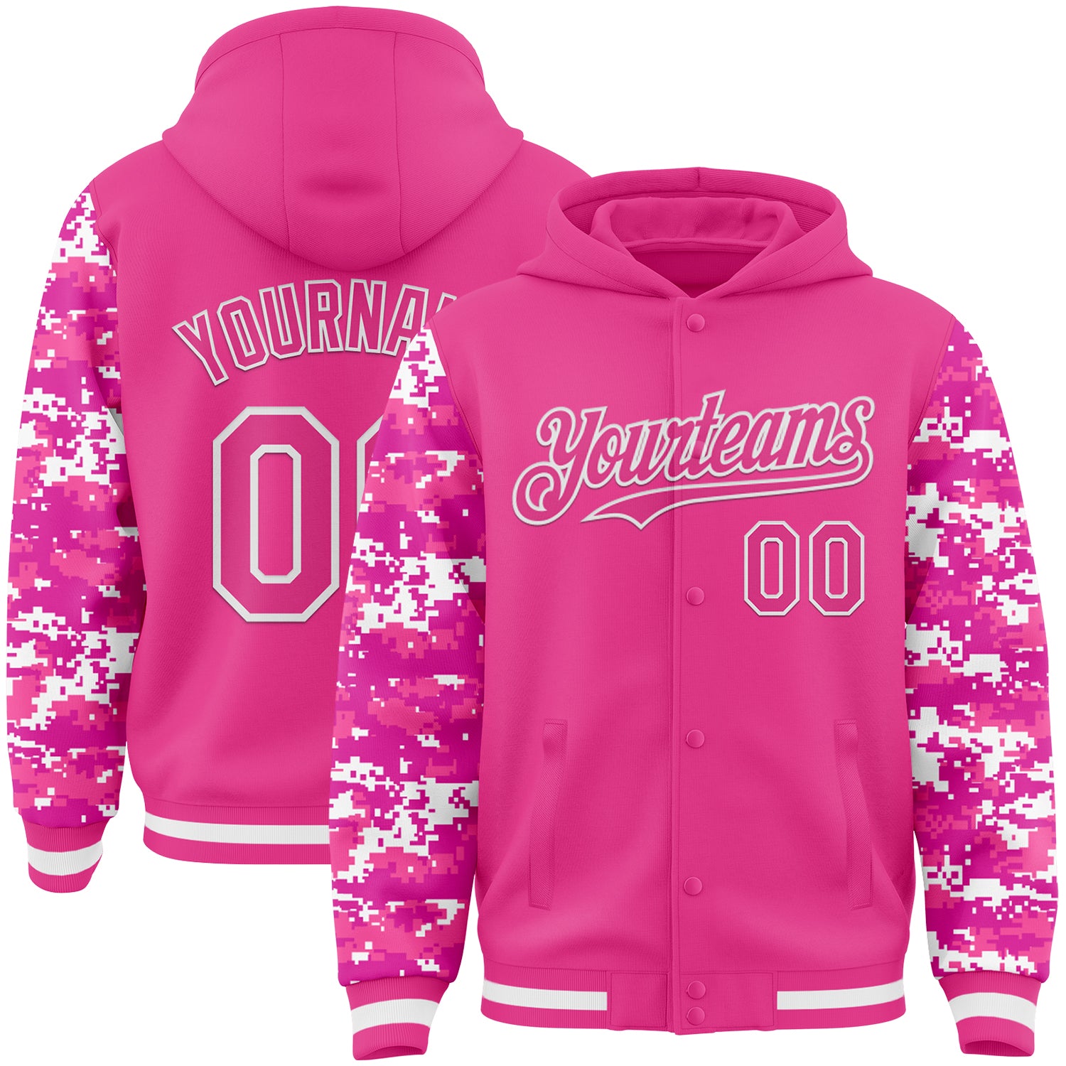 FansIdea Custom Pink-White Digital Camo Two Tone Bomber Full-Snap Varsity Letterman Hoodie Jacket - $38.99 at Proof Eyewear