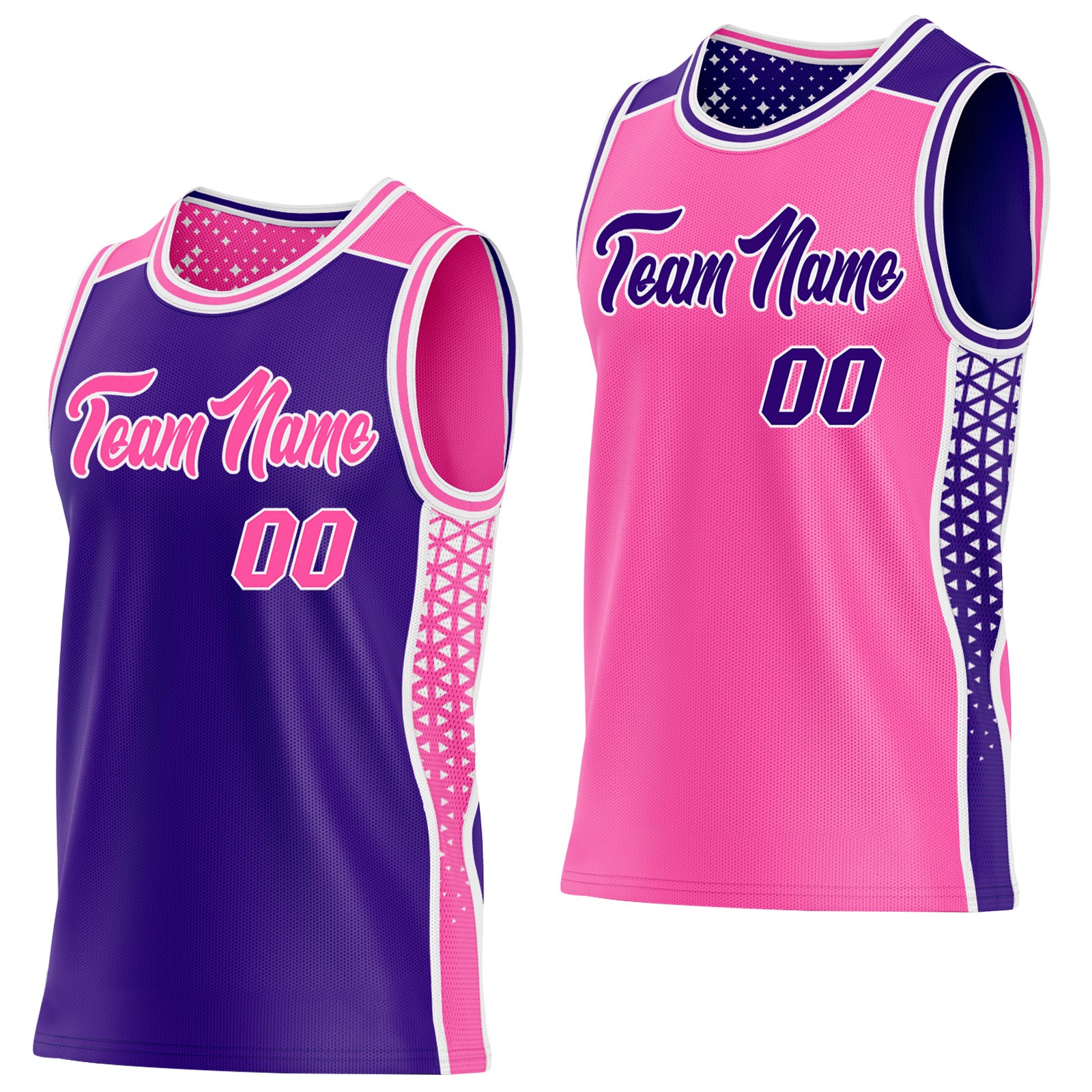 FansIdea Custom Purple Pink-White Side Panel Stripe Geometric Triangle Gradient Dot Reversible Double Side Sublimation Basketball Set Jersey - $17.99 at Proof Eyewear