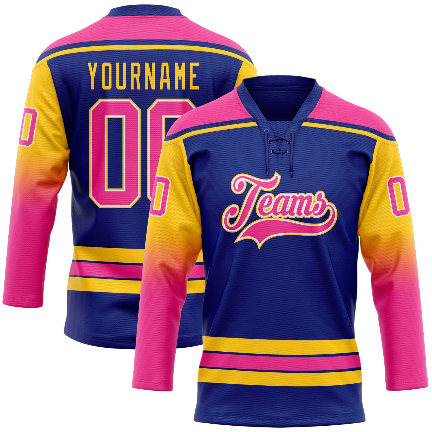 FansIdea Custom Royal Pink Yellow-White Gradient Sleeves Lace Neck Hockey Jersey - $29.99 at Proof Eyewear