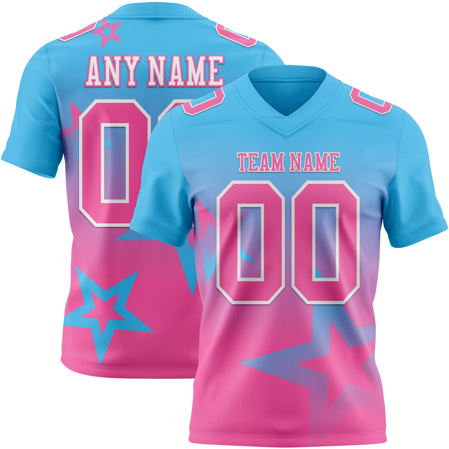 FansIdea Custom Sky Blue Pink-White Authentic Gradient Style Twinkle Star Football Jersey - $19.99 at Proof Eyewear
