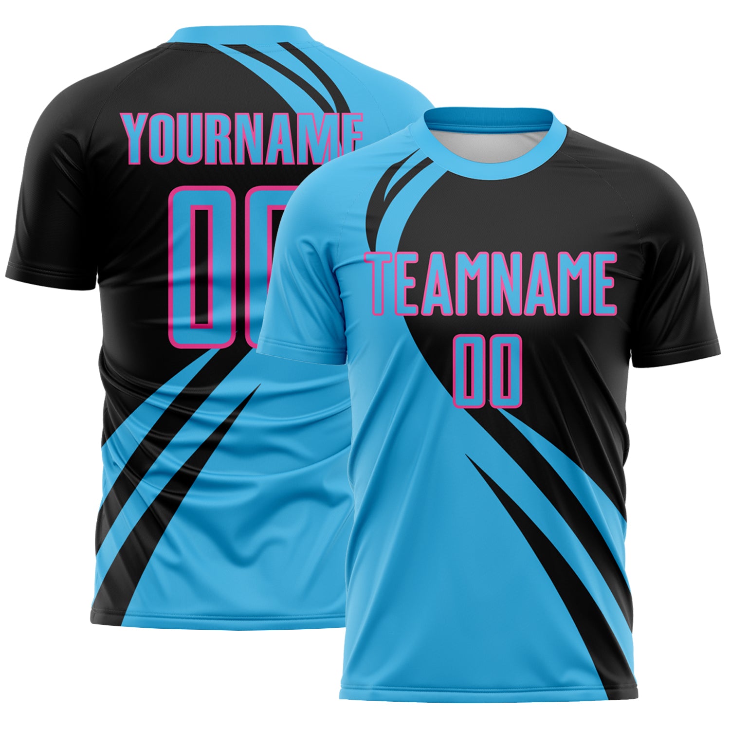 FansIdea Custom Sky Blue Pink-Black Diagonal Streamline Color Block Swirl Curve Lines Sublimation Soccer Uniform Jersey - $16.99 at Proof Eyewear