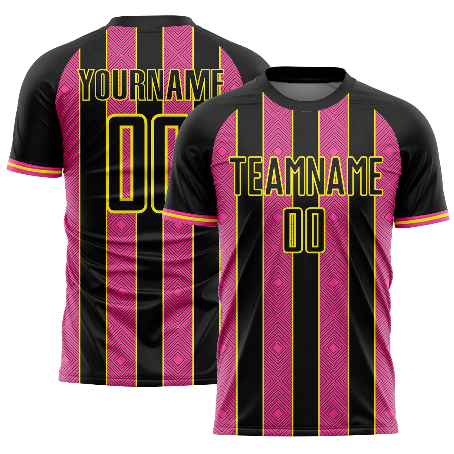 FansIdea Custom Black Pink-Light Yellow Pinstripe Line Sports Sublimation Soccer Uniform Jersey - $16.99 at Proof Eyewear