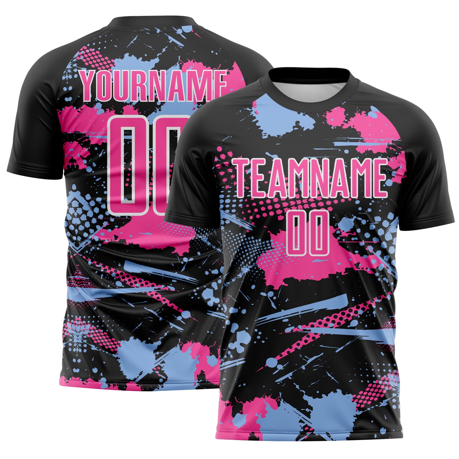 FansIdea Custom Black Pink Light Blue-White Paint Splatter Halftone Dot Sublimation Soccer Uniform Jersey - $16.99 at Proof Eyewear
