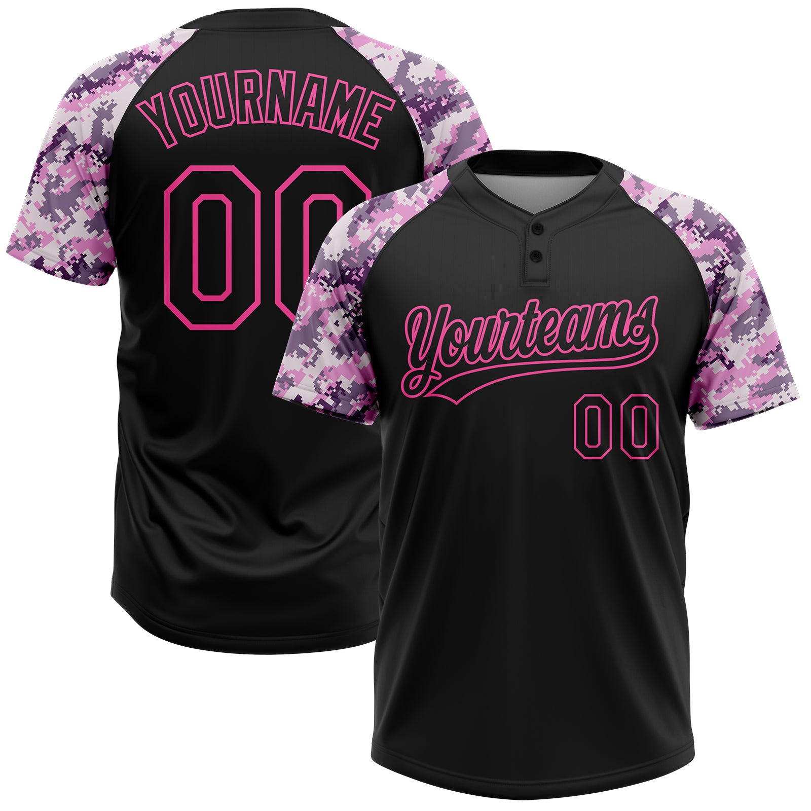 Custom Black Pink Pattern Salute To Service Camo Raglan Sleeves Two-Button Unisex Softball Jersey