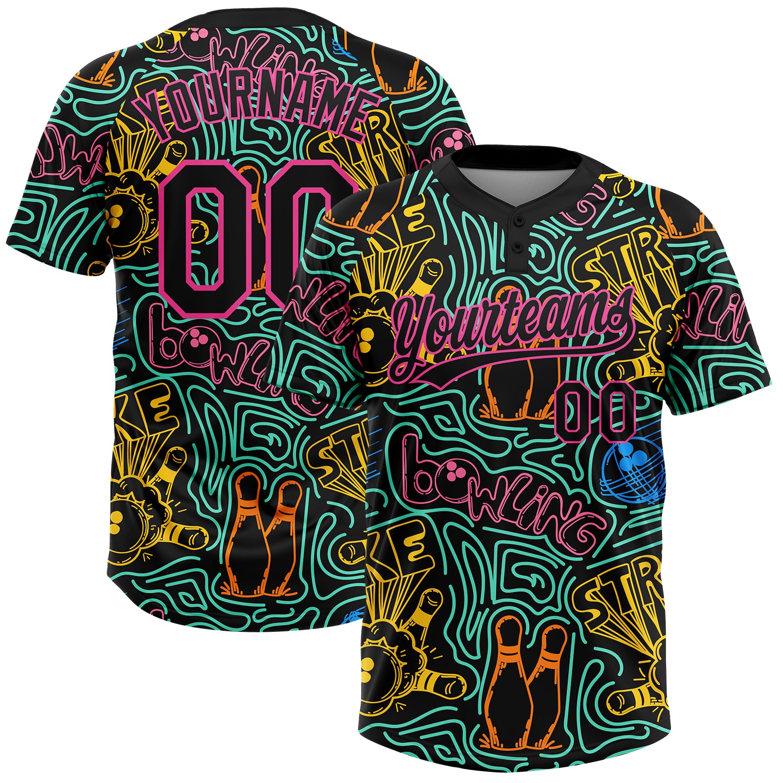 FansIdea Custom Black Pink Bowling 3D Pattern Design Two-Button Unisex Softball Jersey - $29.99 at Proof Eyewear