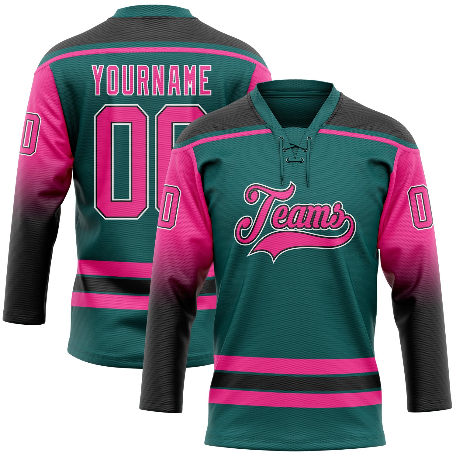 FansIdea Custom Teal Pink Black-White Gradient Sleeves Lace Neck Hockey Jersey - $29.99 at Proof Eyewear