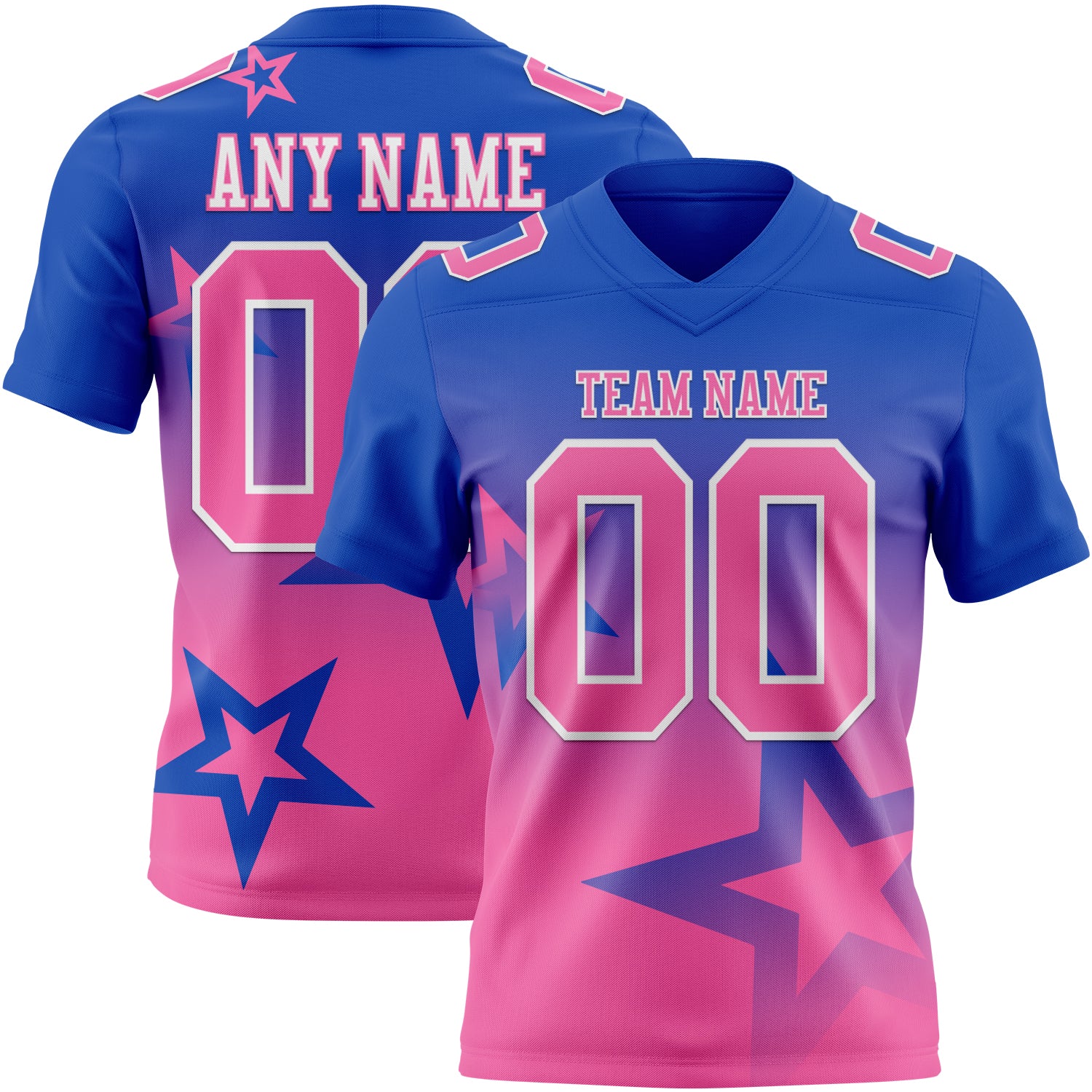 FansIdea Custom Thunder Blue Pink-White Authentic Gradient Style Twinkle Star Football Jersey - $19.99 at Proof Eyewear
