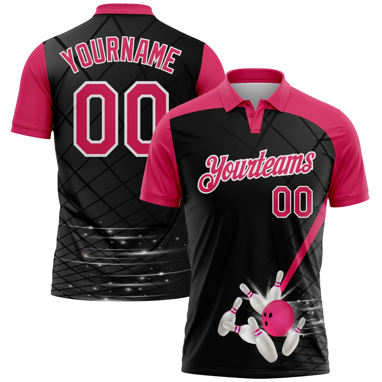 FansIdea Custom Black Pink-White Bowling Geometric Grid Performance Polo Shirt - $19.99 at Proof Eyewear