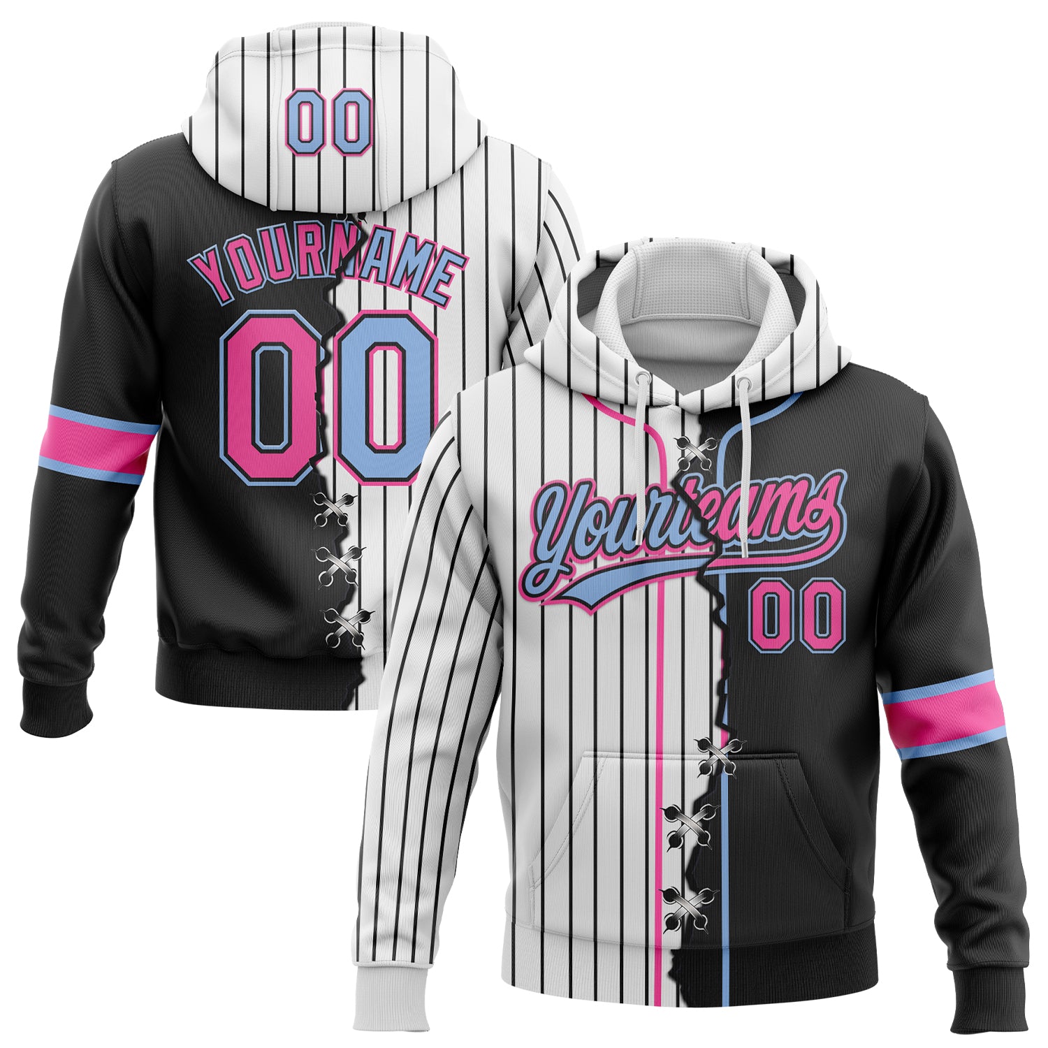 FansIdea Custom White Black Pinstripe Pink-Light Blue Split Ripped Pattern Baseball Pullover Sweatshirt Hoodie - $32.99 at Proof Eyewear
