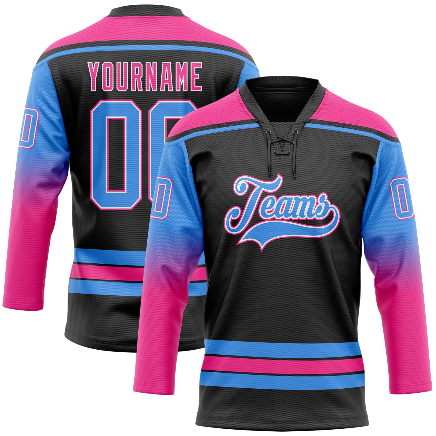 FansIdea Custom Black Powder Blue Pink-White Gradient Sleeves Lace Neck Hockey Jersey - $29.99 at Proof Eyewear