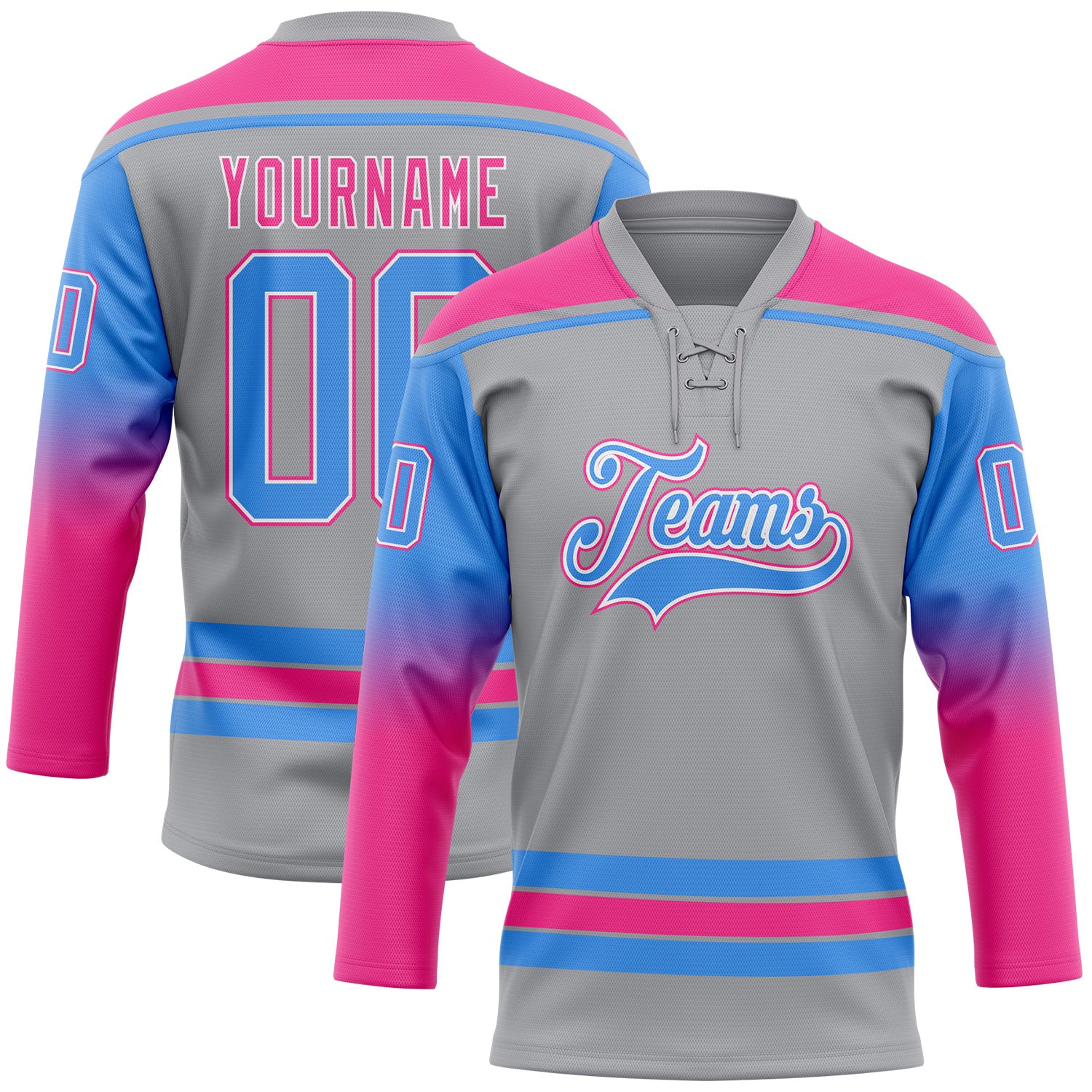 FansIdea Custom Gray Powder Blue Pink-White Gradient Sleeves Lace Neck Hockey Jersey - $29.99 at Proof Eyewear