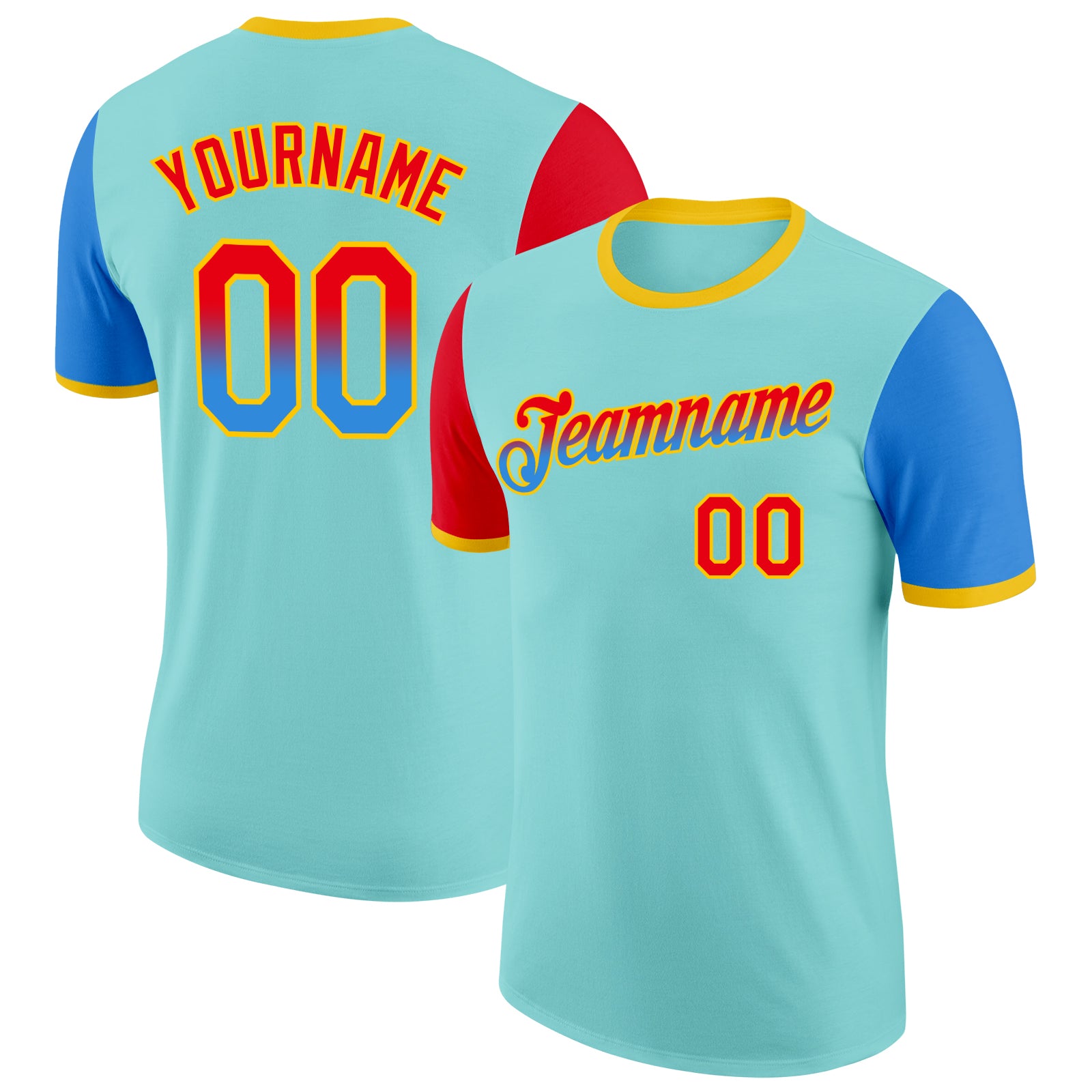 FansIdea Custom Ice Blue Fire Red Powder Blue-Yellow Gradient Two Tone Performance T-Shirt - $14.99 at Proof Eyewear