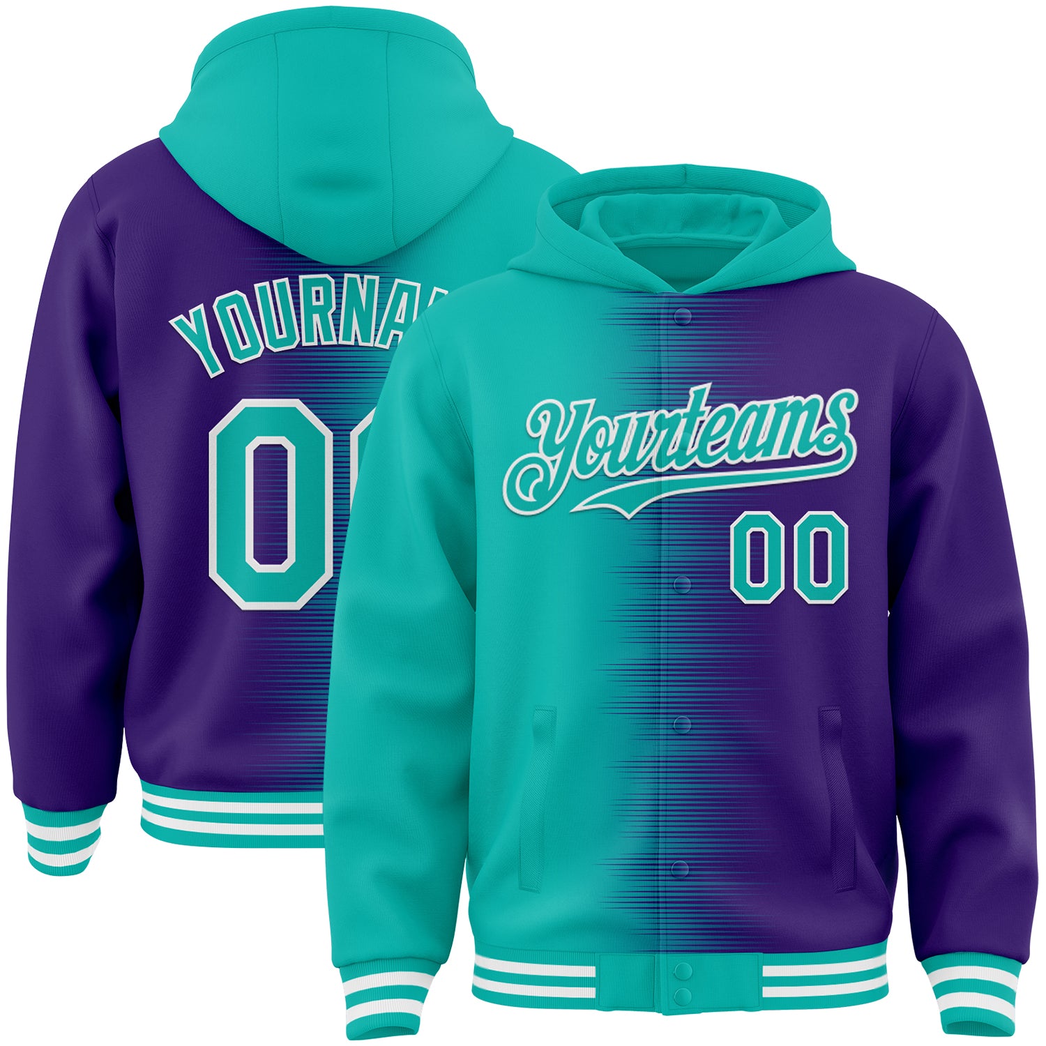 FansIdea Custom Aqua Purple-White Gradient Line Bomber Full-Snap Varsity Letterman Hoodie Jacket - $38.99 at Proof Eyewear