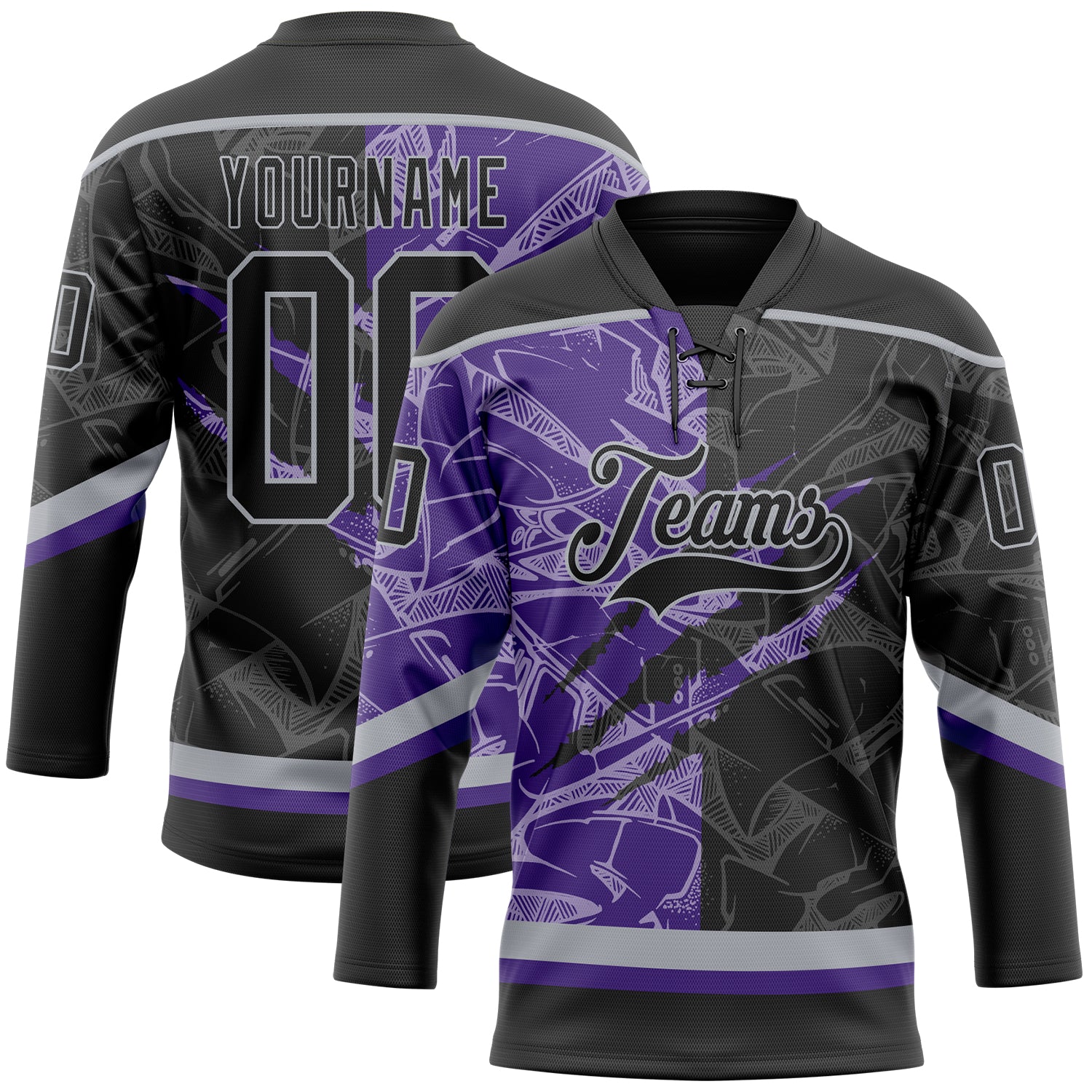 FansIdea Custom Black Purple-Gray 3D Pattern Gradient Fashion Scratch Hockey Lace Neck Jersey - $29.99 at Proof Eyewear