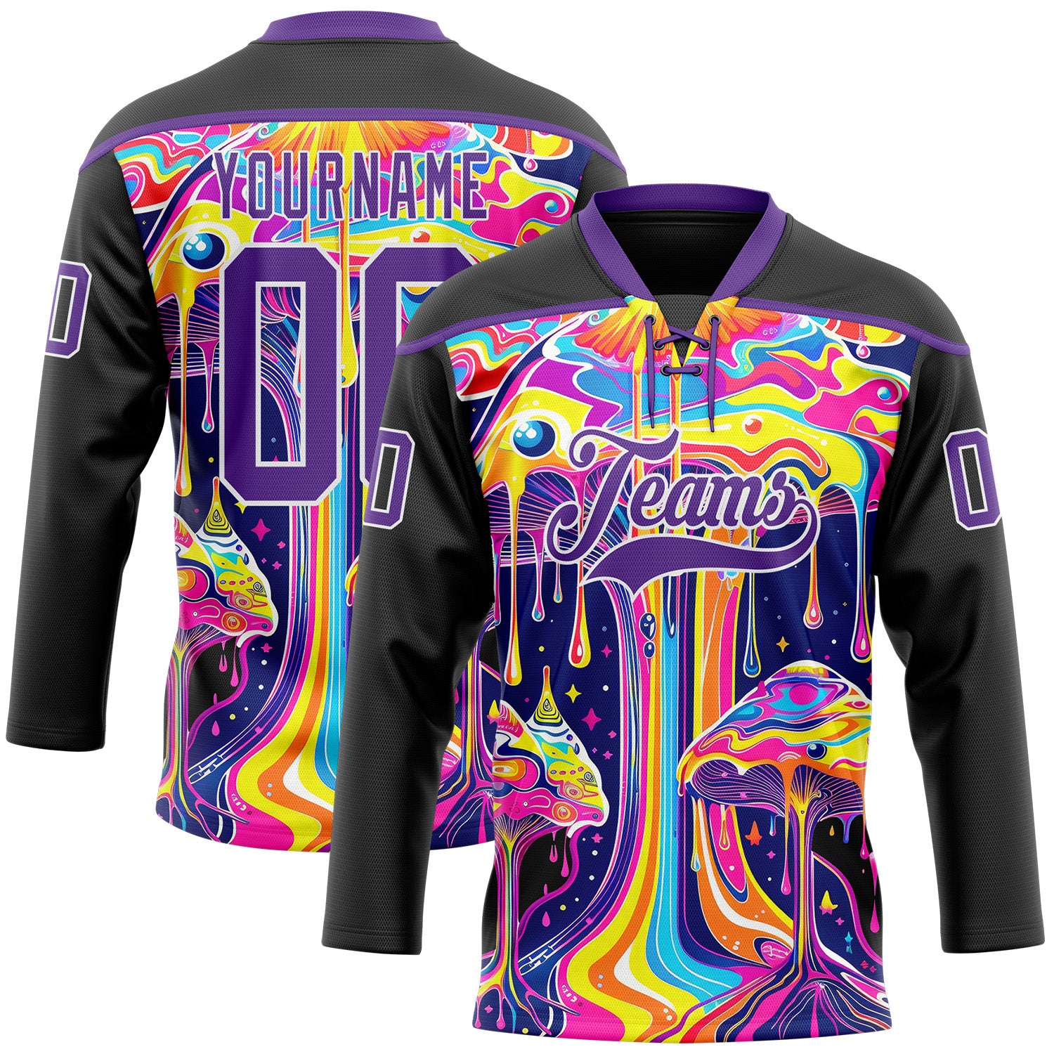 FansIdea Custom Black Purple-White Melting Psychedelic Mushroom Lace Neck Hockey Jersey - $29.99 at Proof Eyewear