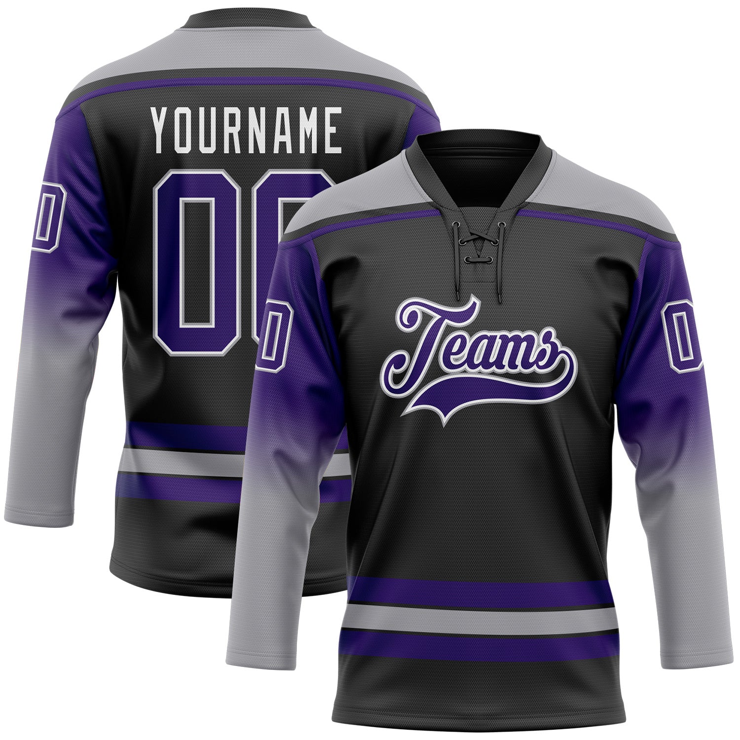 FansIdea Custom Black Purple Gray-White Gradient Sleeves Lace Neck Hockey Jersey - $29.99 at Proof Eyewear