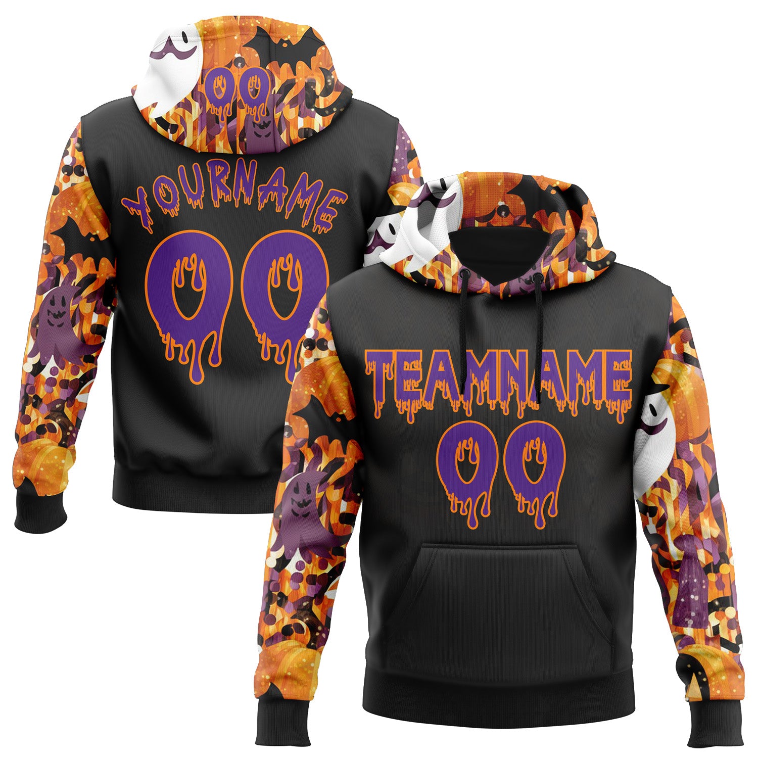 FansIdea Custom  Black Purple-Bay Orange Halloween Ghost & Bat Pullover Sweatshirt Hoodie - $32.99 at Proof Eyewear