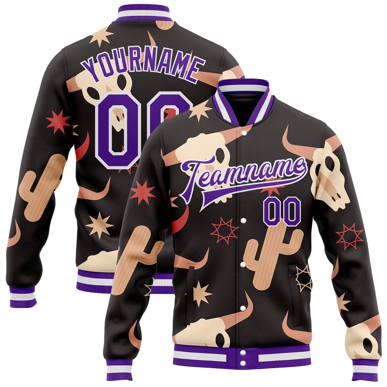 FansIdea Custom Black Purple-White Western Cow Skull Cactus Bomber Full-Snap Varsity Letterman Jacket - $38.99 at Proof Eyewear