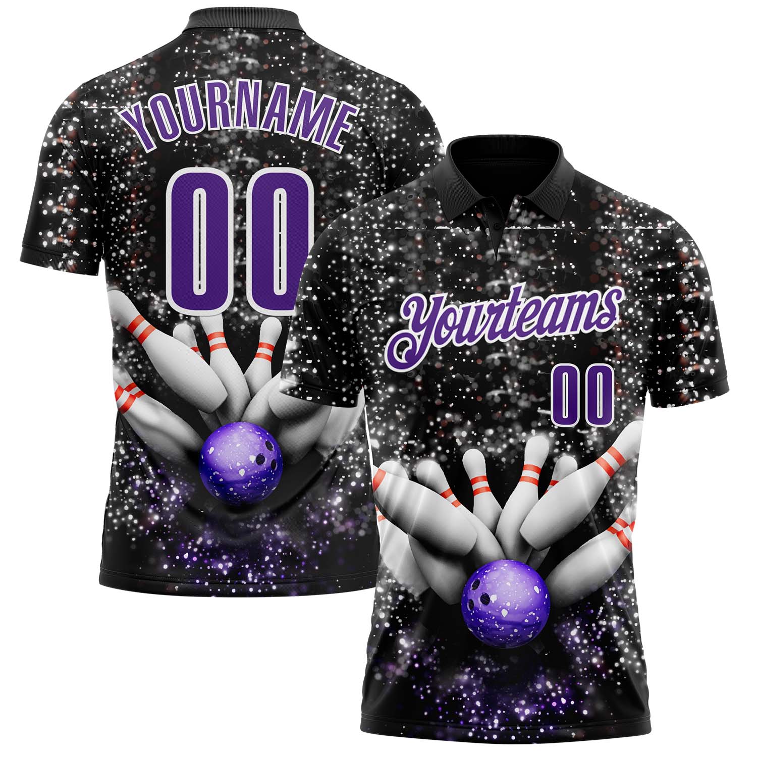 FansIdea Custom Black Purple-White Bowling Strike Sparkle Performance Polo Shirt - $19.99 at Proof Eyewear