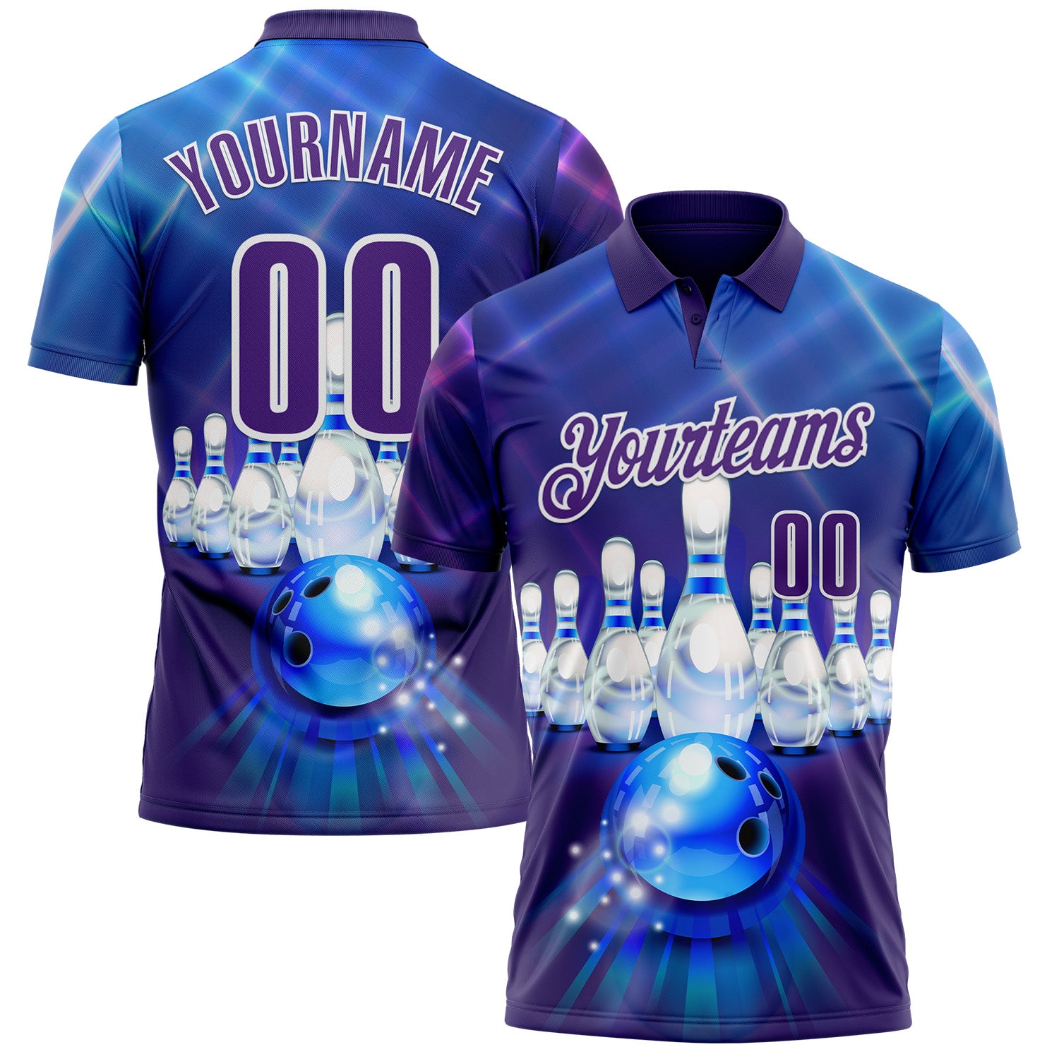 FansIdea Custom Blue Purple-White Bowling Ball And Pins Strike Performance Polo Shirt - $19.99 at Proof Eyewear