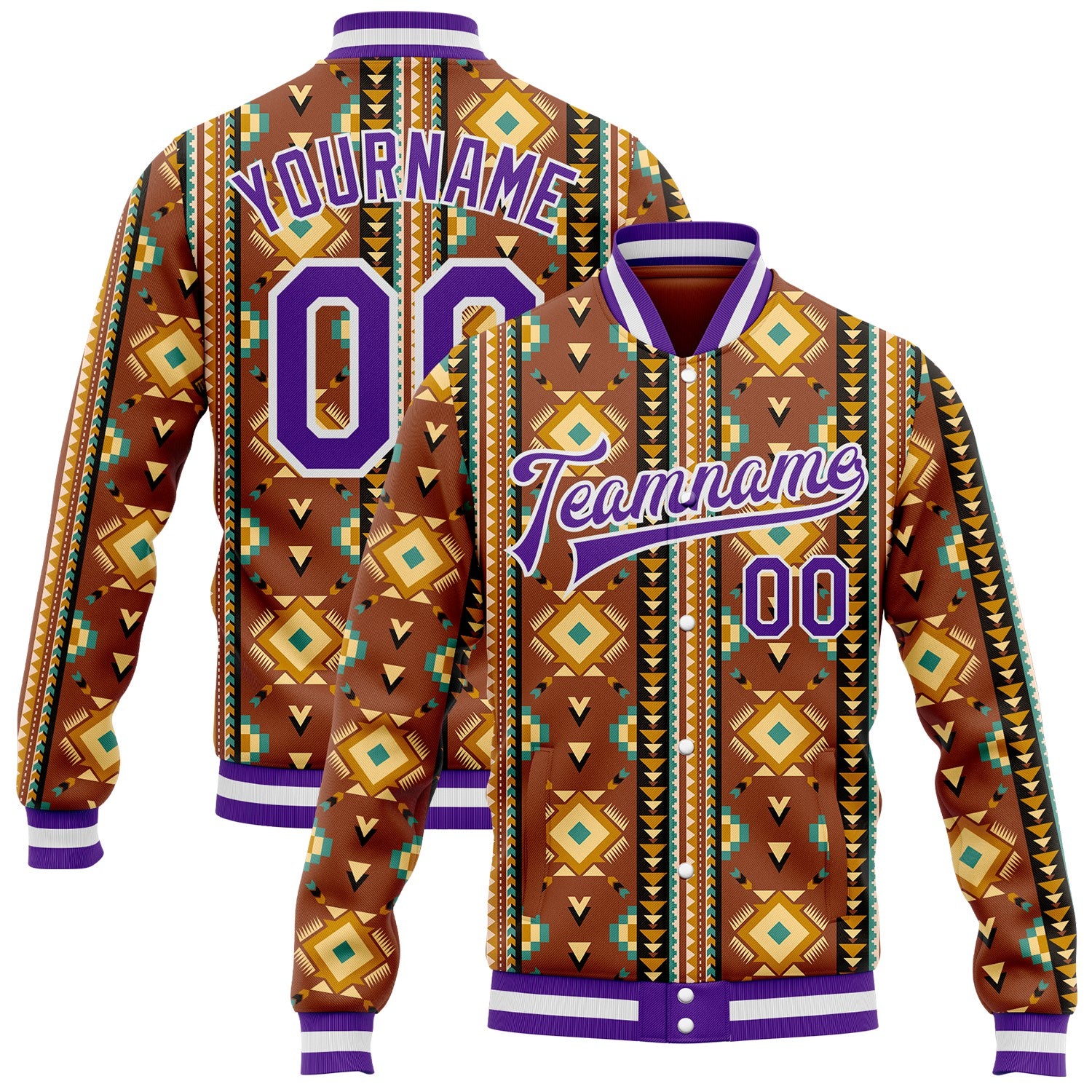 FansIdea Custom Brown Purple-White Southwestern Geometric Aztec Bomber Full-Snap Varsity Letterman Jacket - $38.99 at Proof Eyewear
