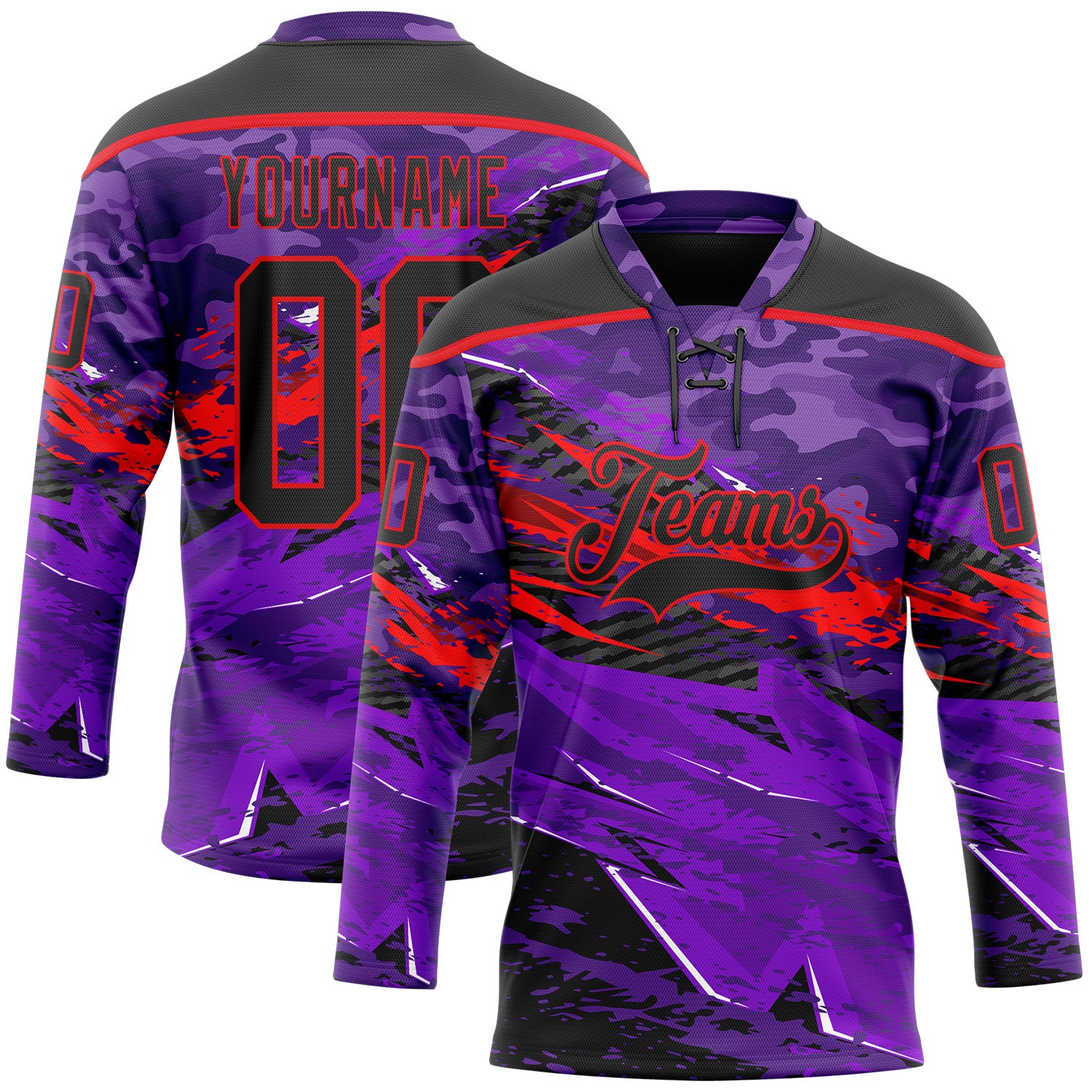 FansIdea Custom Camo Black Purple-Fire Red 3D Camouflage Grunge Hockey Lace Neck Jersey - $29.99 at Proof Eyewear
