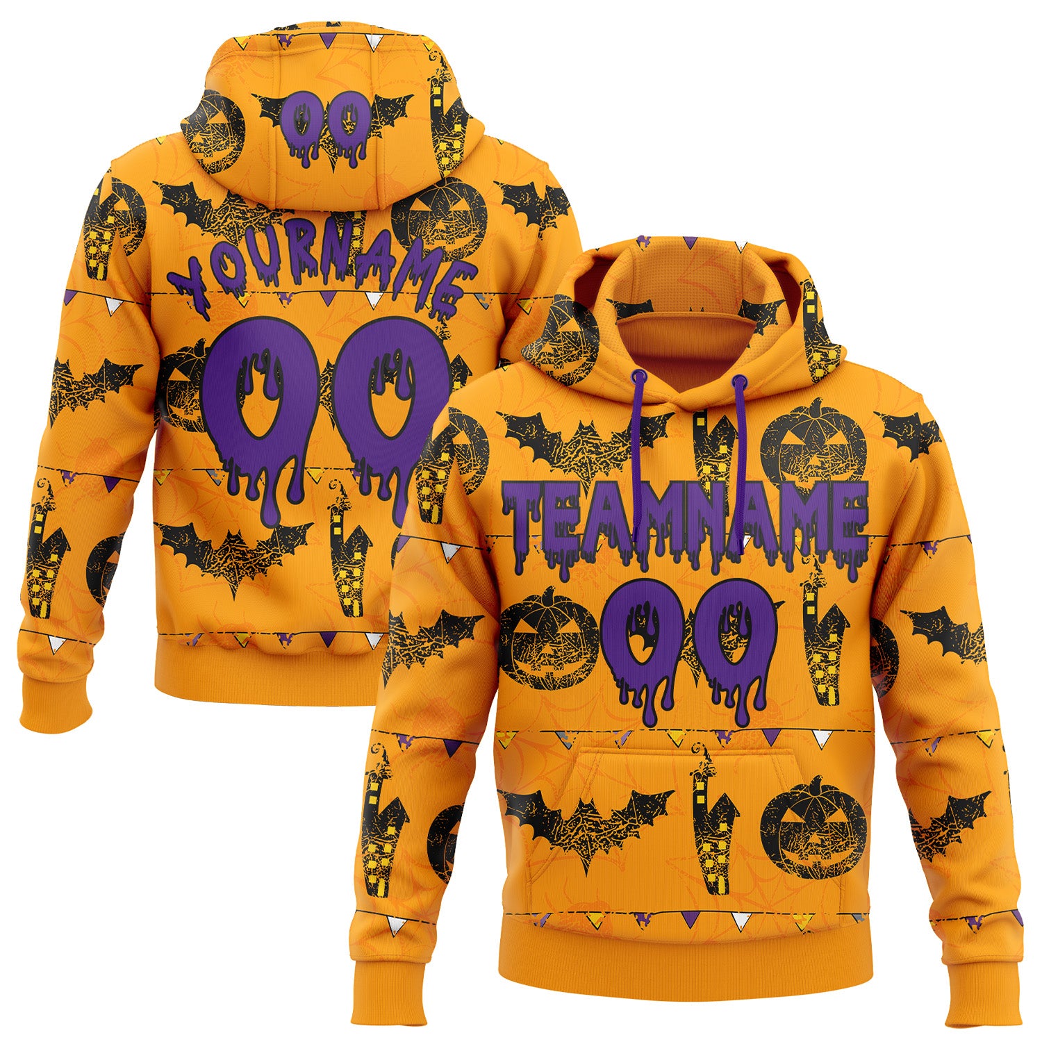 FansIdea Custom  Gold Purple-Black Halloween Pumpkin Head & Haunted House Bat Pullover Sweatshirt Hoodie - $32.99 at Proof Eyewear