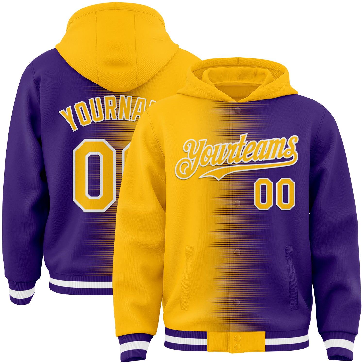 FansIdea Custom Gold Purple-White Gradient Line Bomber Full-Snap Varsity Letterman Hoodie Jacket - $38.99 at Proof Eyewear