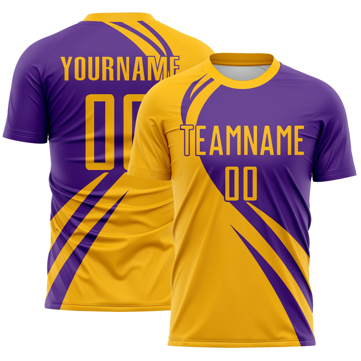 FansIdea Custom Gold Purple Diagonal Streamline Color Block Swirl Curve Lines Sublimation Soccer Uniform Jersey - $16.99 at Proof Eyewear