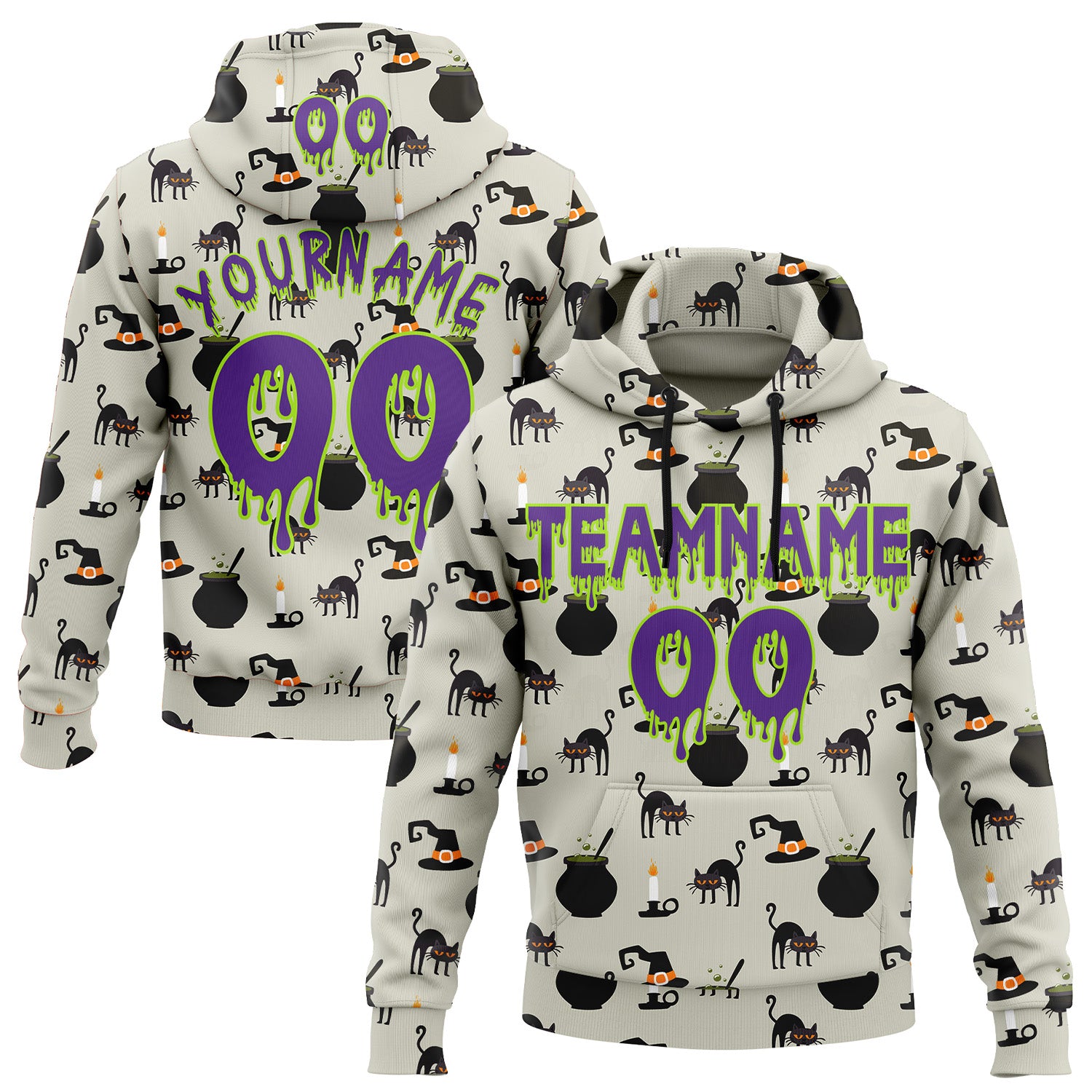 FansIdea Custom  Gray Purple-Neon Green Halloween Witch Black Cat Pullover Sweatshirt Hoodie - $32.99 at Proof Eyewear