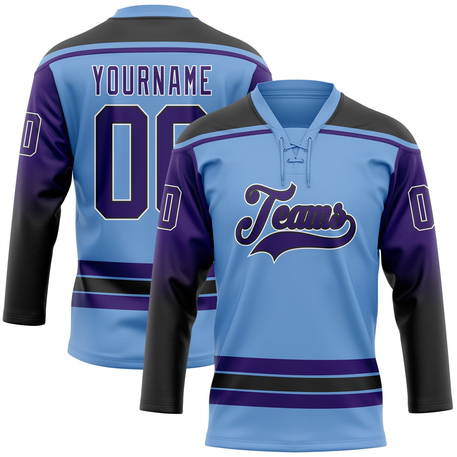 FansIdea Custom Light Blue Purple Black-White Gradient Sleeves Lace Neck Hockey Jersey - $29.99 at Proof Eyewear