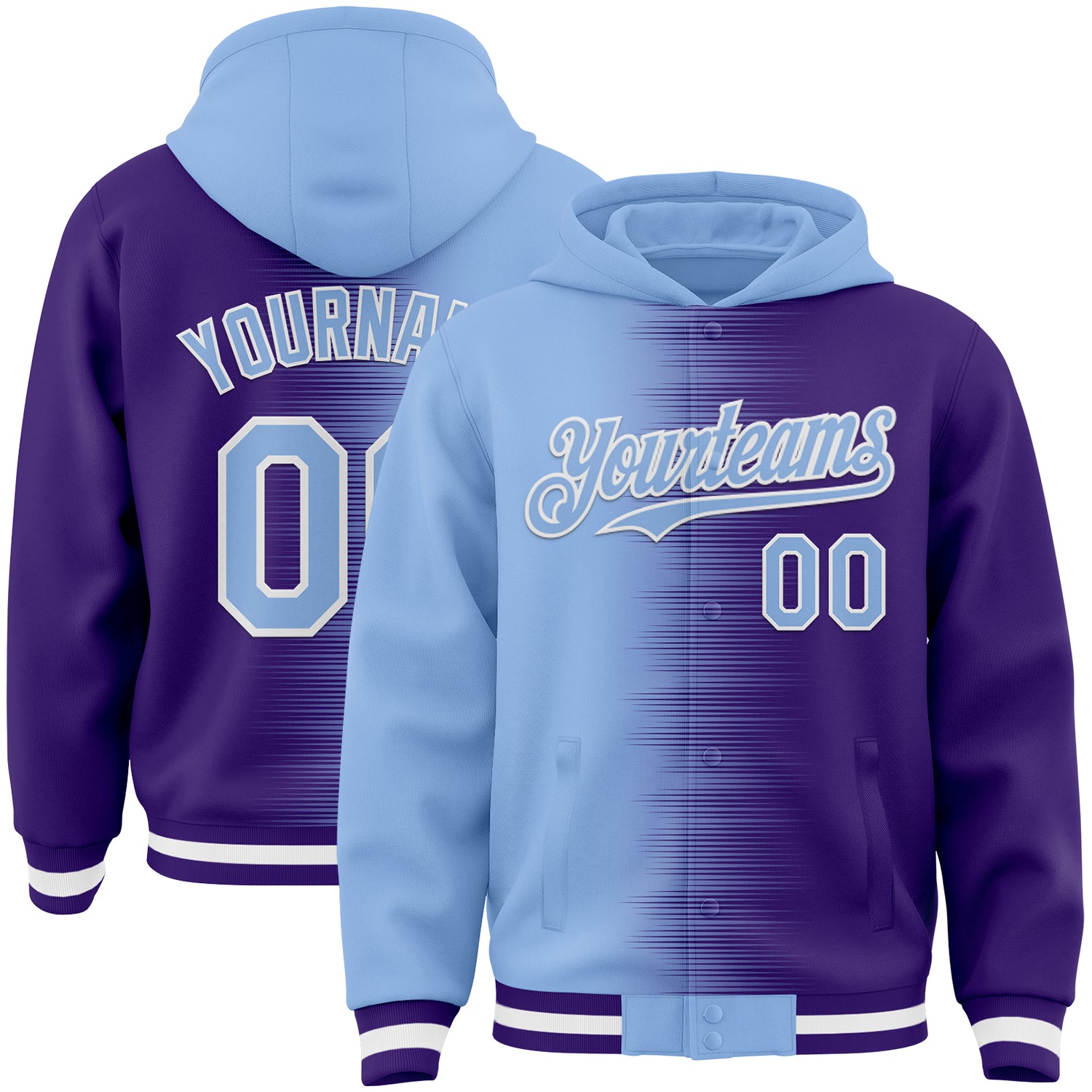 FansIdea Custom Light Blue Purple-White Gradient Line Bomber Full-Snap Varsity Letterman Hoodie Jacket - $38.99 at Proof Eyewear
