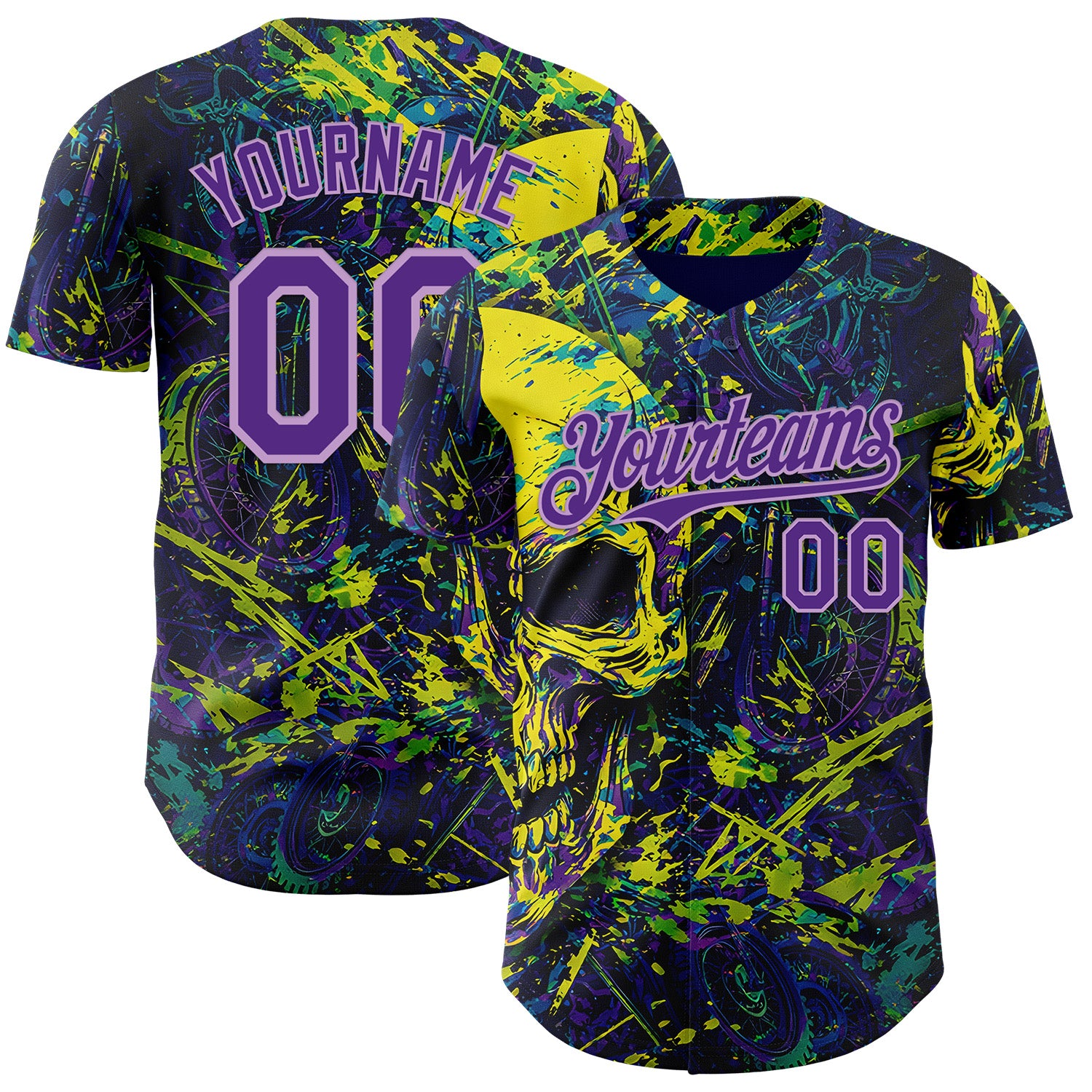 FansIdea Custom Blue Purple Yellow-Light Purple 3D Pattern Design Motorcycle Motocross Skull Authentic Baseball Jersey - $29.99 at Proof Eyewear