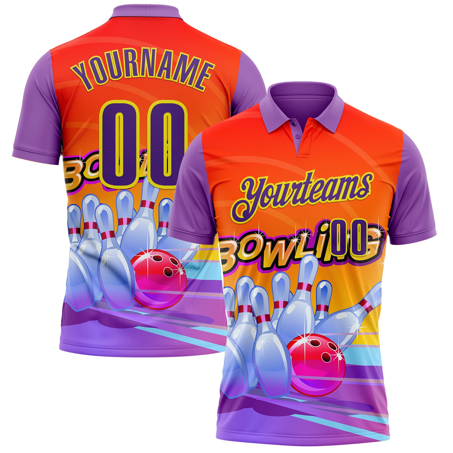 FansIdea Custom Medium Purple Purple Orange-Light Yellow Bowling Ball And Pins Strike Performance Polo Shirt - $19.99 at Proof Eyewear