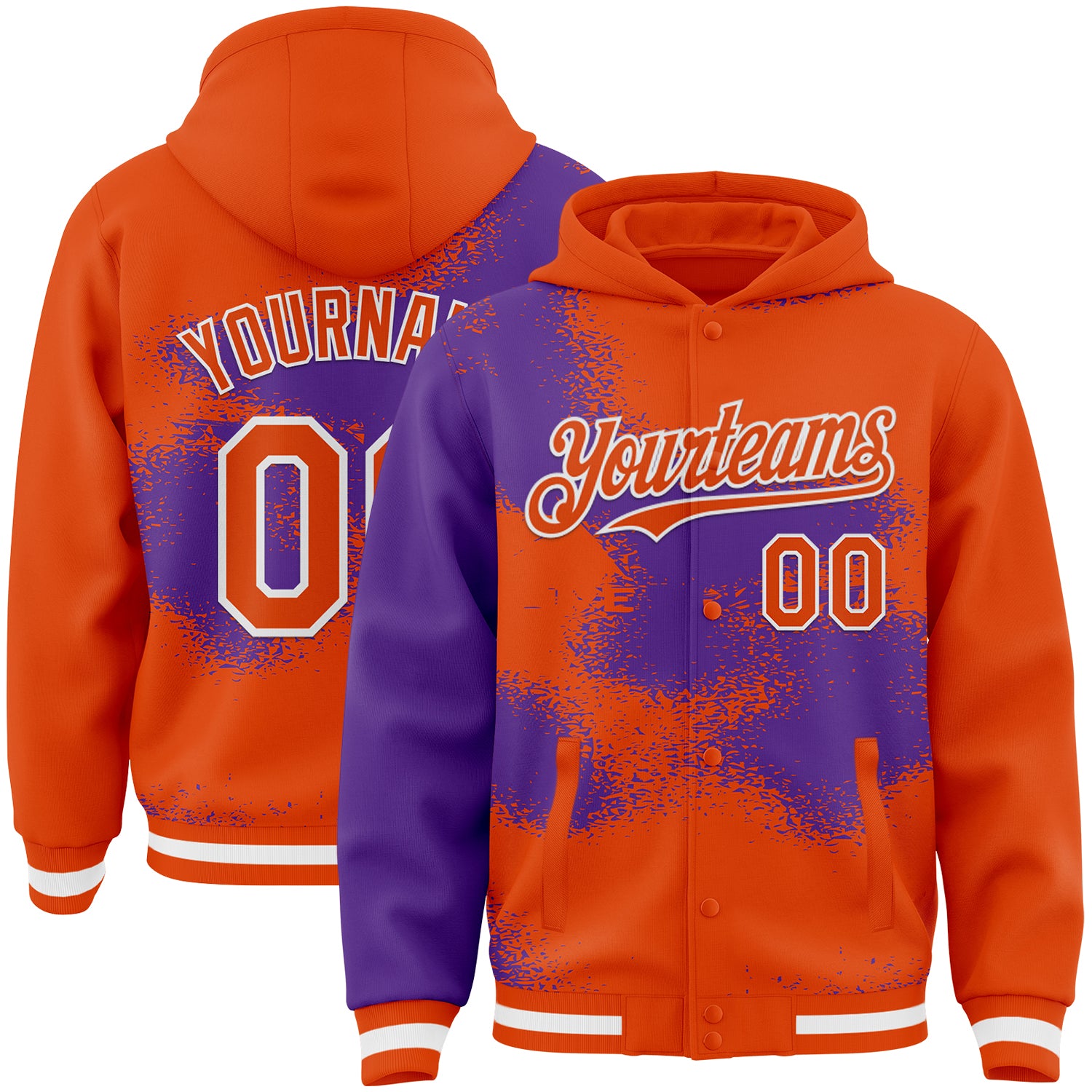FansIdea Custom Orange Purple-White Abstract Color Blocks Fragment Pattern Bomber Full-Snap Varsity Letterman Hoodie Jacket - $38.99 at Proof Eyewear