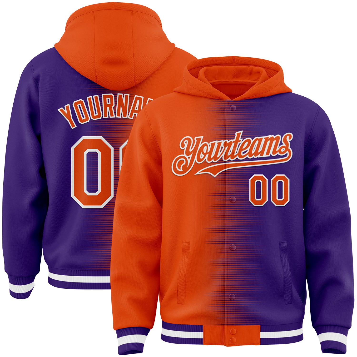FansIdea Custom Orange Purple-White Gradient Line Bomber Full-Snap Varsity Letterman Hoodie Jacket - $38.99 at Proof Eyewear