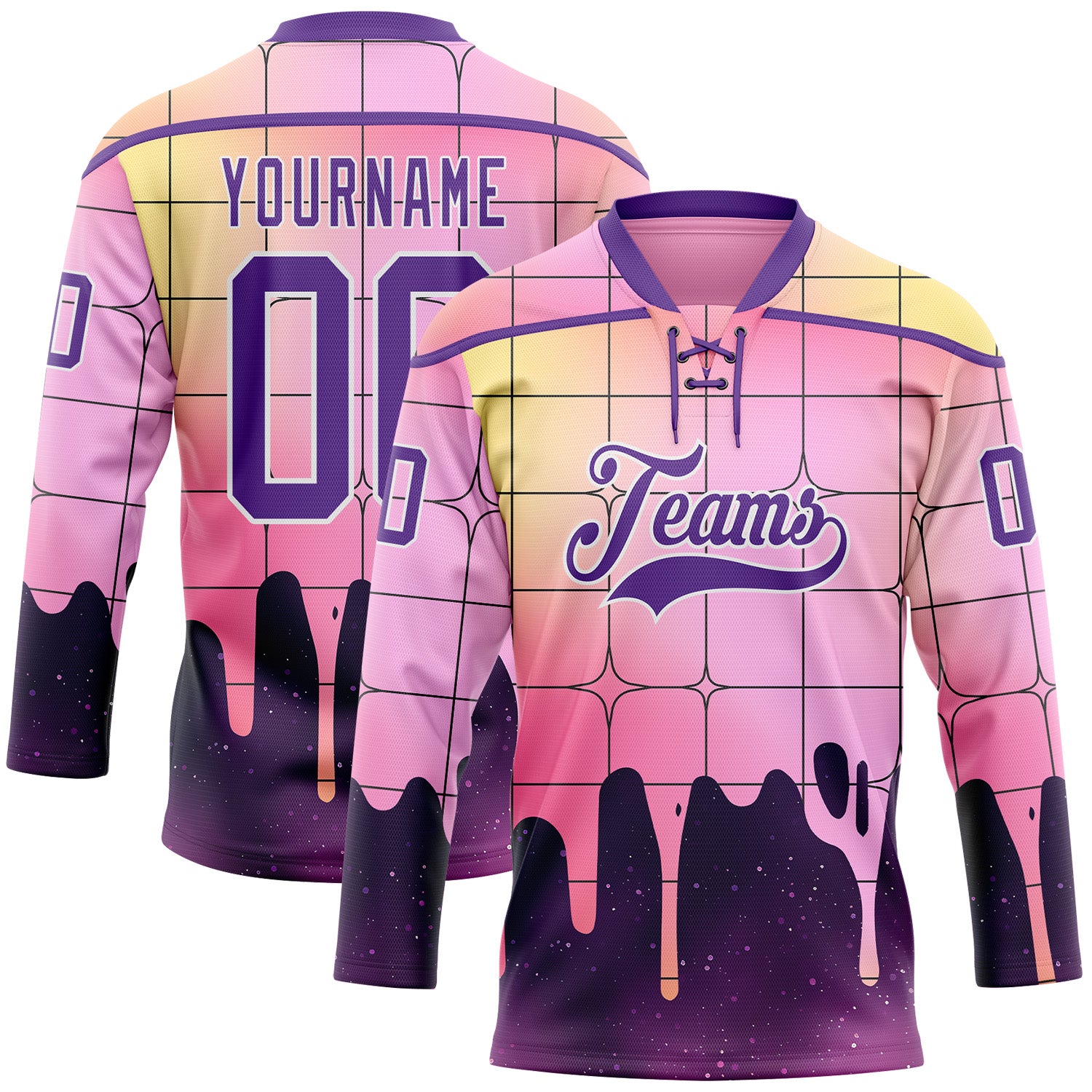 FansIdea Custom Pink Purple Yellow-White Melting Rave Psychedelic Checkerboard Lace Neck Hockey Jersey - $29.99 at Proof Eyewear
