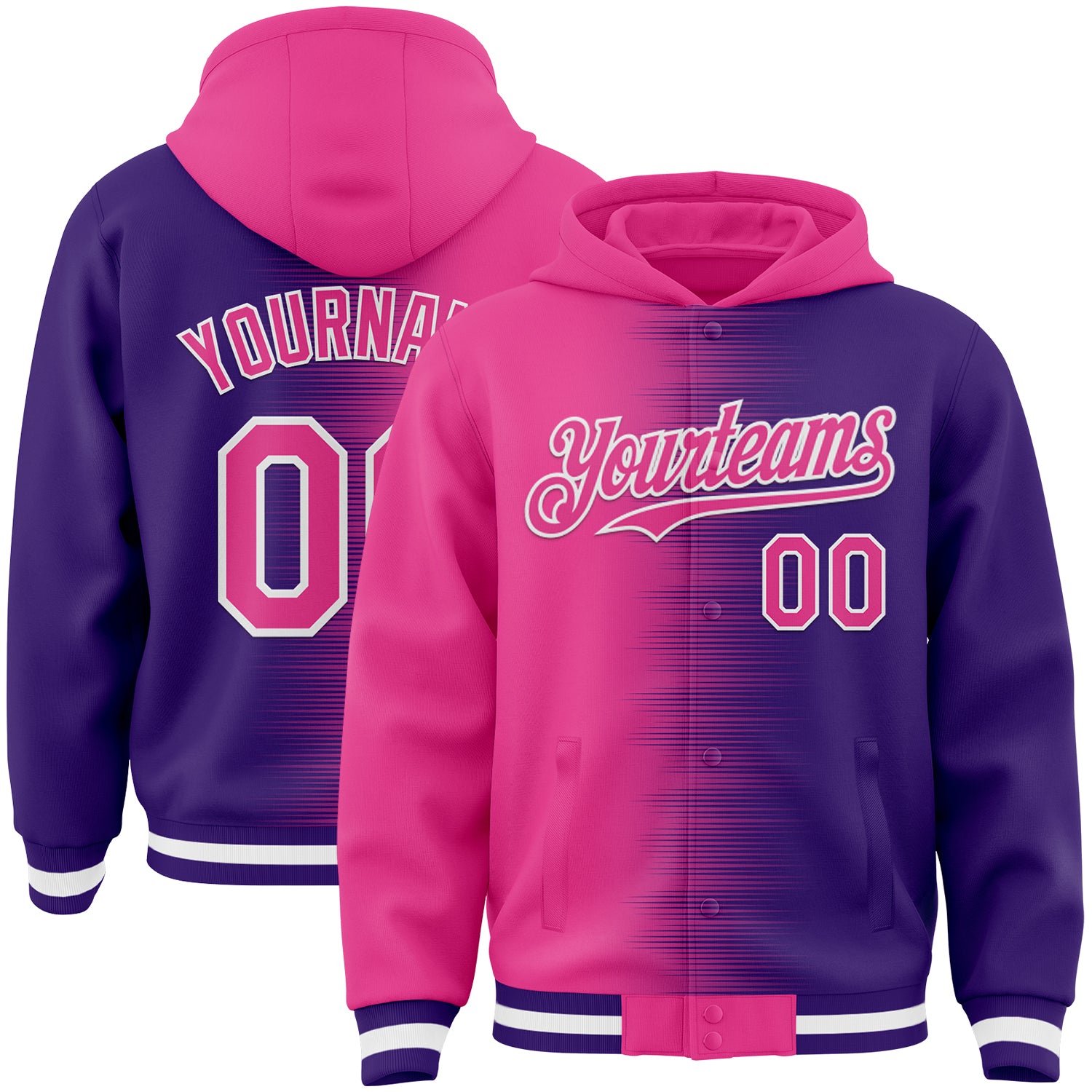FansIdea Custom Pink Purple-White Gradient Line Bomber Full-Snap Varsity Letterman Hoodie Jacket - $38.99 at Proof Eyewear