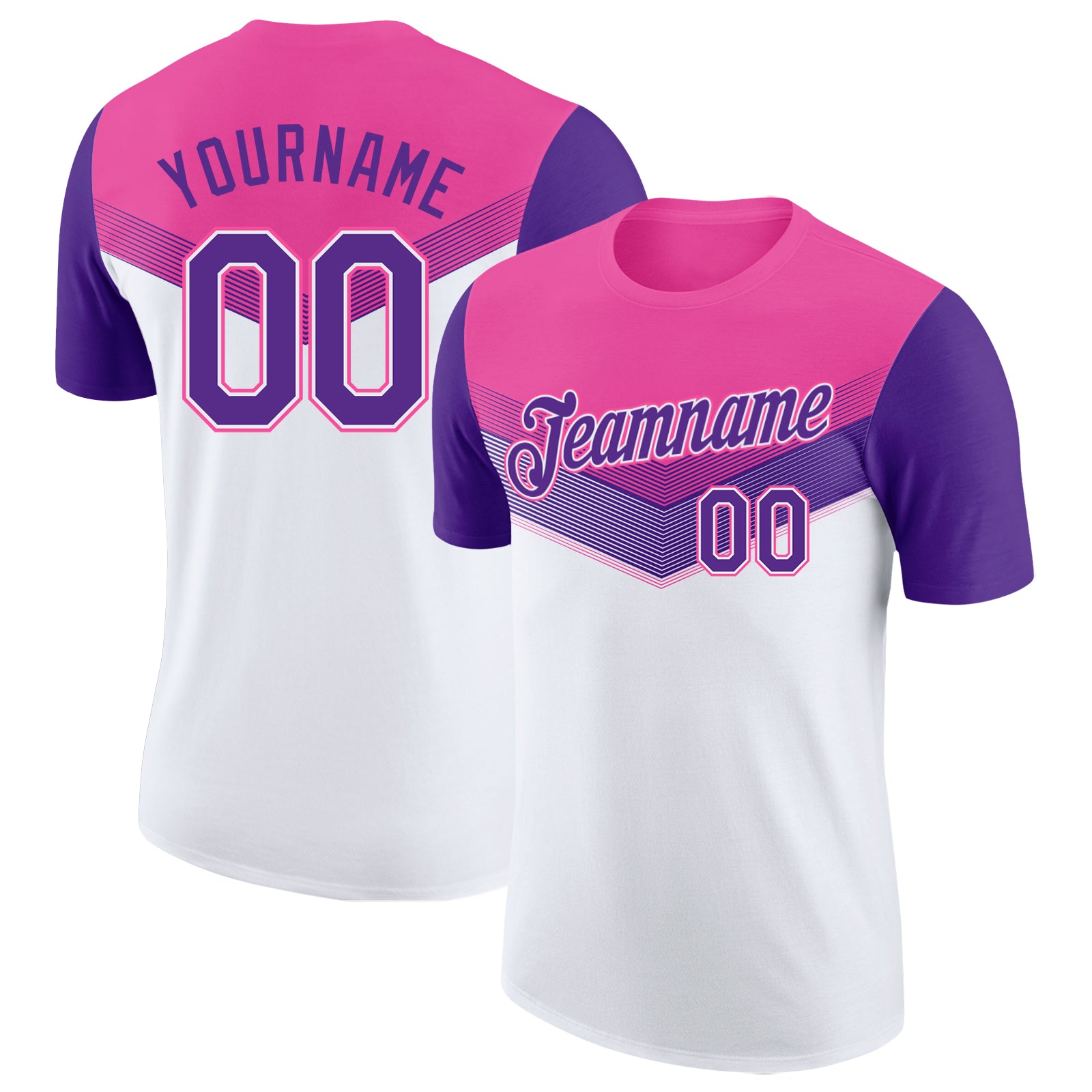 FansIdea Custom Pink Purple-White Geometric V-Lines Color Block Performance T-Shirt - $14.99 at Proof Eyewear