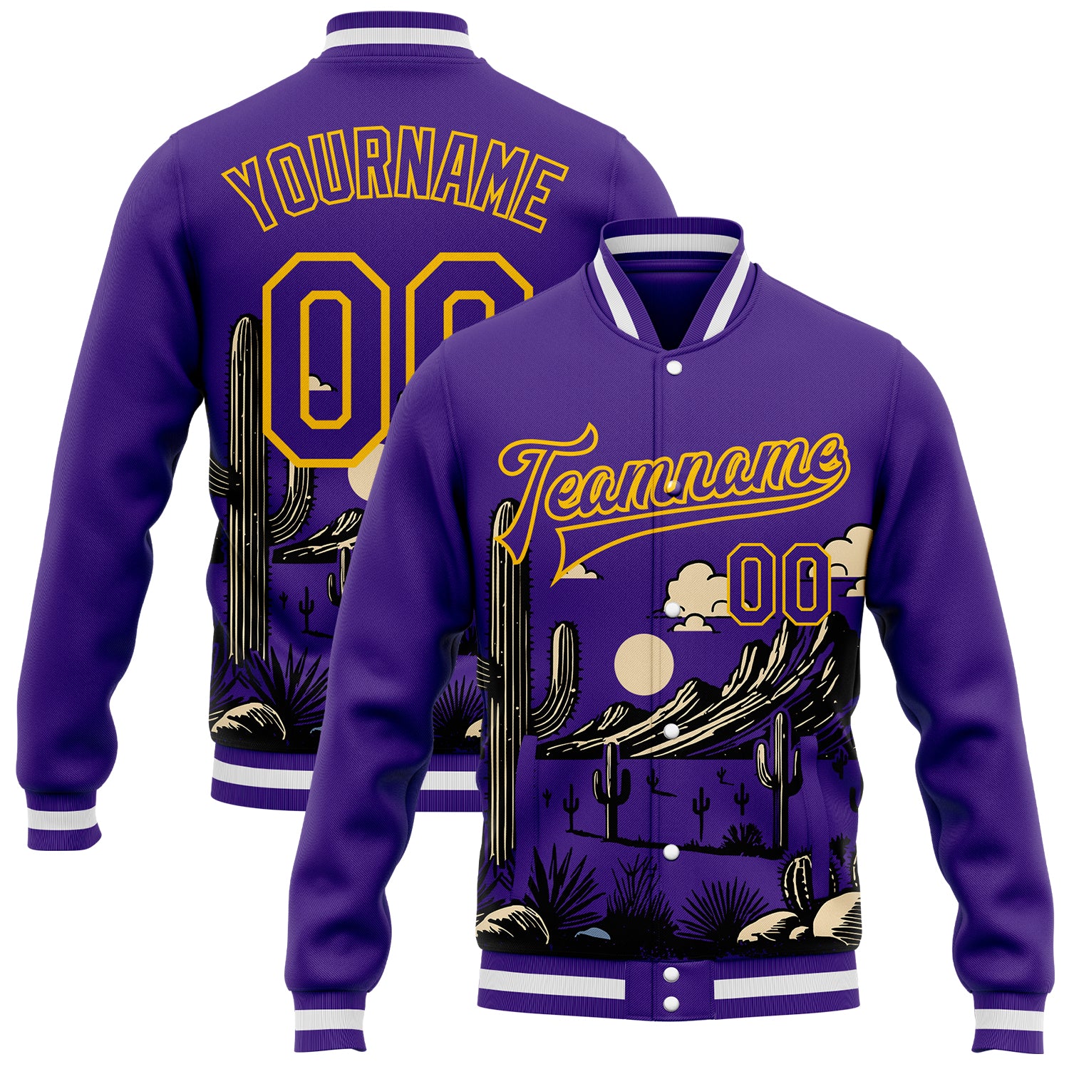 FansIdea Custom Purple Gold-White Arizona Western Cactus Bomber Full-Snap Varsity Letterman Jacket - $38.99 at Proof Eyewear
