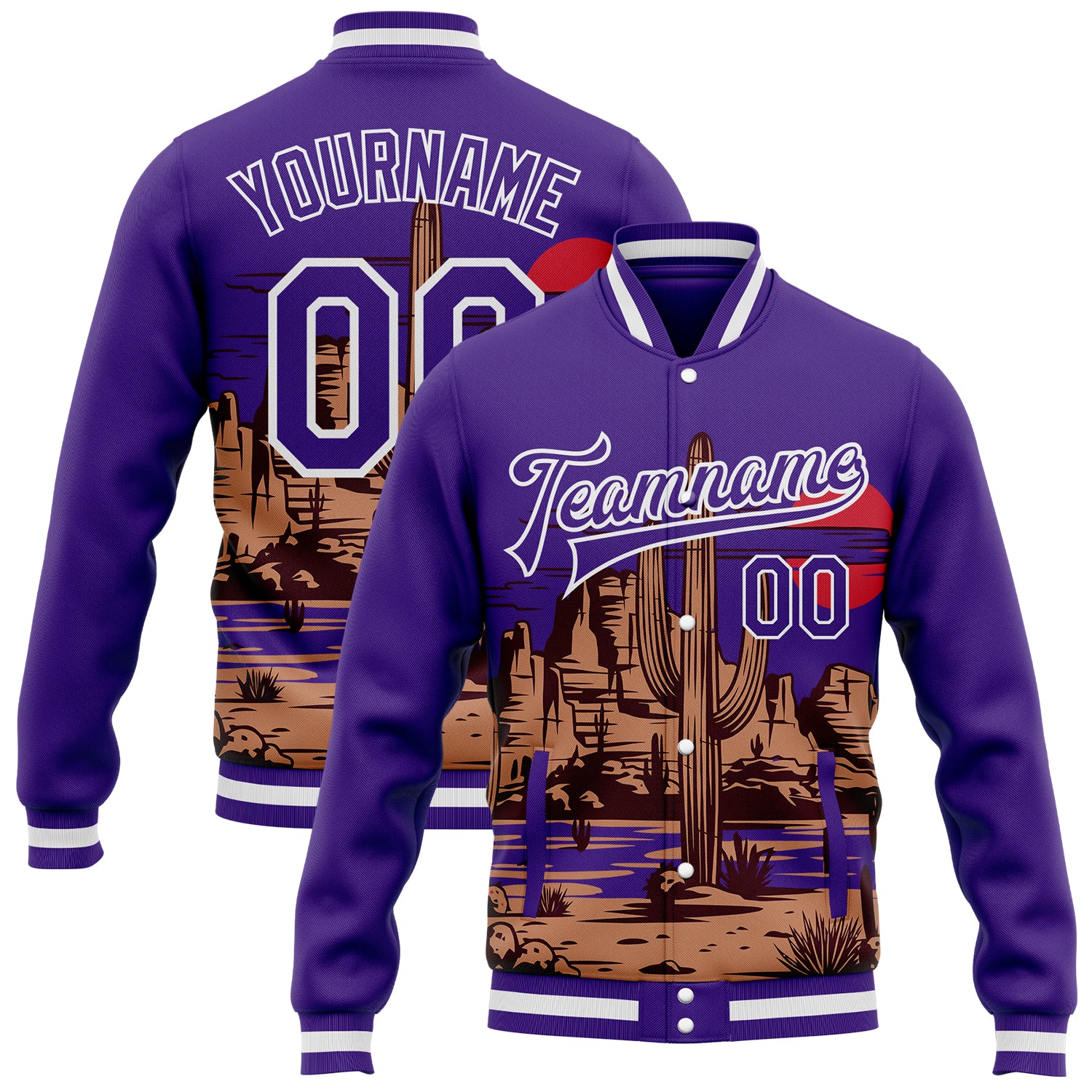 FansIdea Custom Purple-White Arizona Western Cactus Bomber Full-Snap Varsity Letterman Jacket - $38.99 at Proof Eyewear