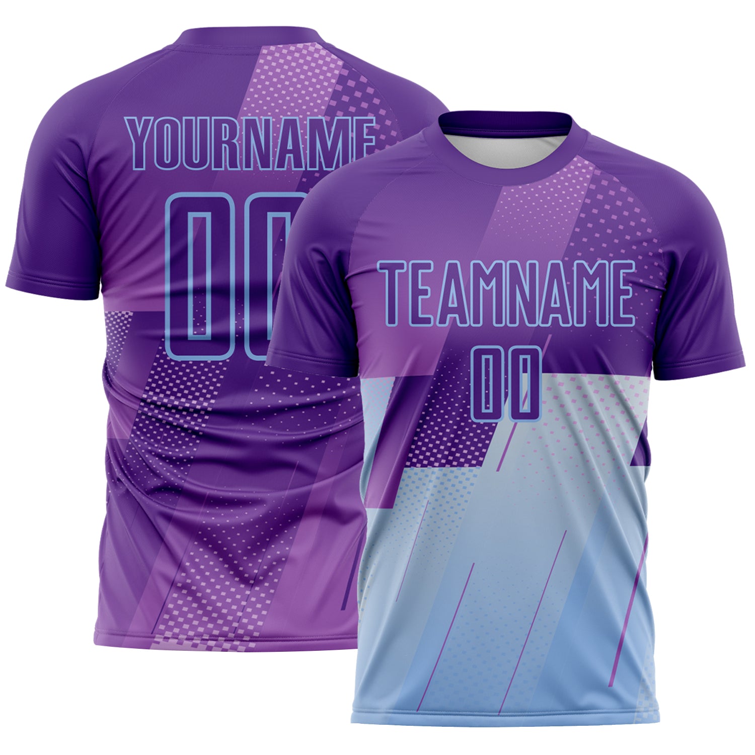 FansIdea Custom Purple-Light Blue Geometric Diagonal Block Halftone Grid Sublimation Soccer Uniform Jersey - $16.99 at Proof Eyewear