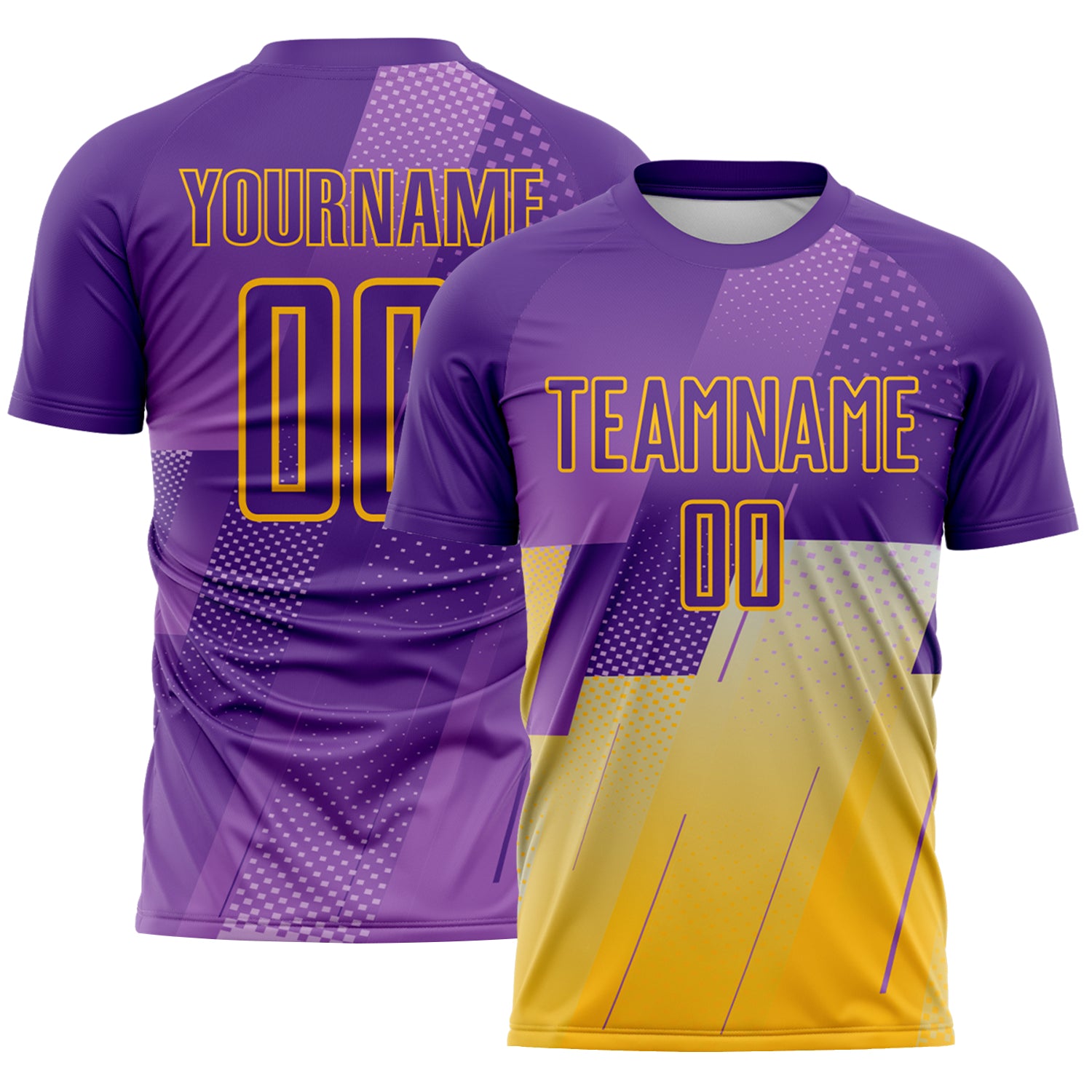 FansIdea Custom Purple-Gold Geometric Diagonal Block Halftone Grid Sublimation Soccer Uniform Jersey - $16.99 at Proof Eyewear