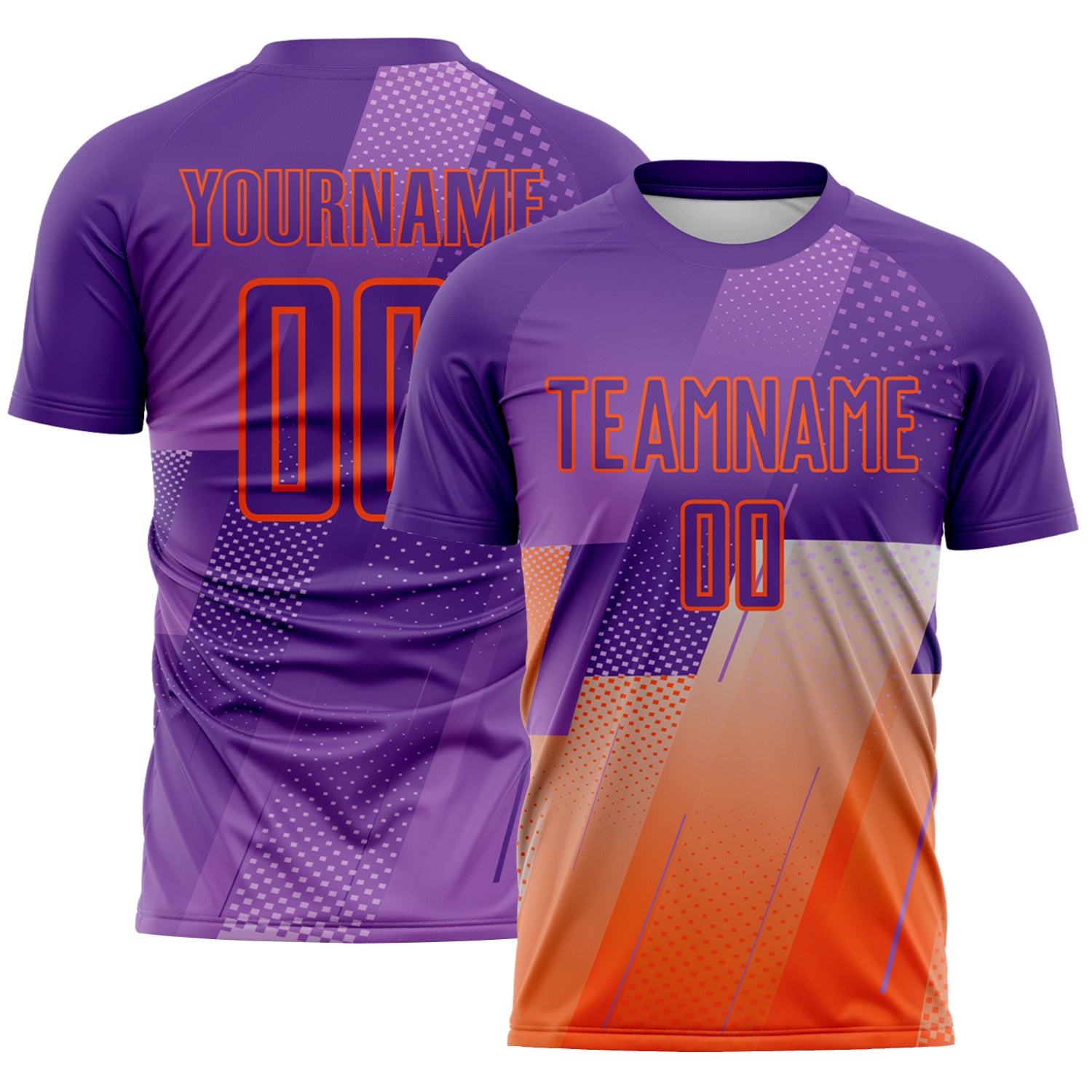 FansIdea Custom Purple-Orange Geometric Diagonal Block Halftone Grid Sublimation Soccer Uniform Jersey - $16.99 at Proof Eyewear