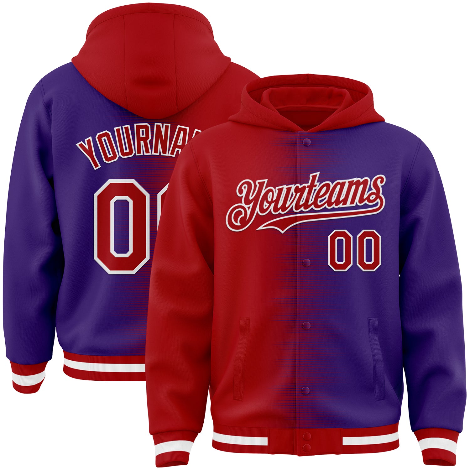 FansIdea Custom Red Purple-White Gradient Line Bomber Full-Snap Varsity Letterman Hoodie Jacket - $38.99 at Proof Eyewear