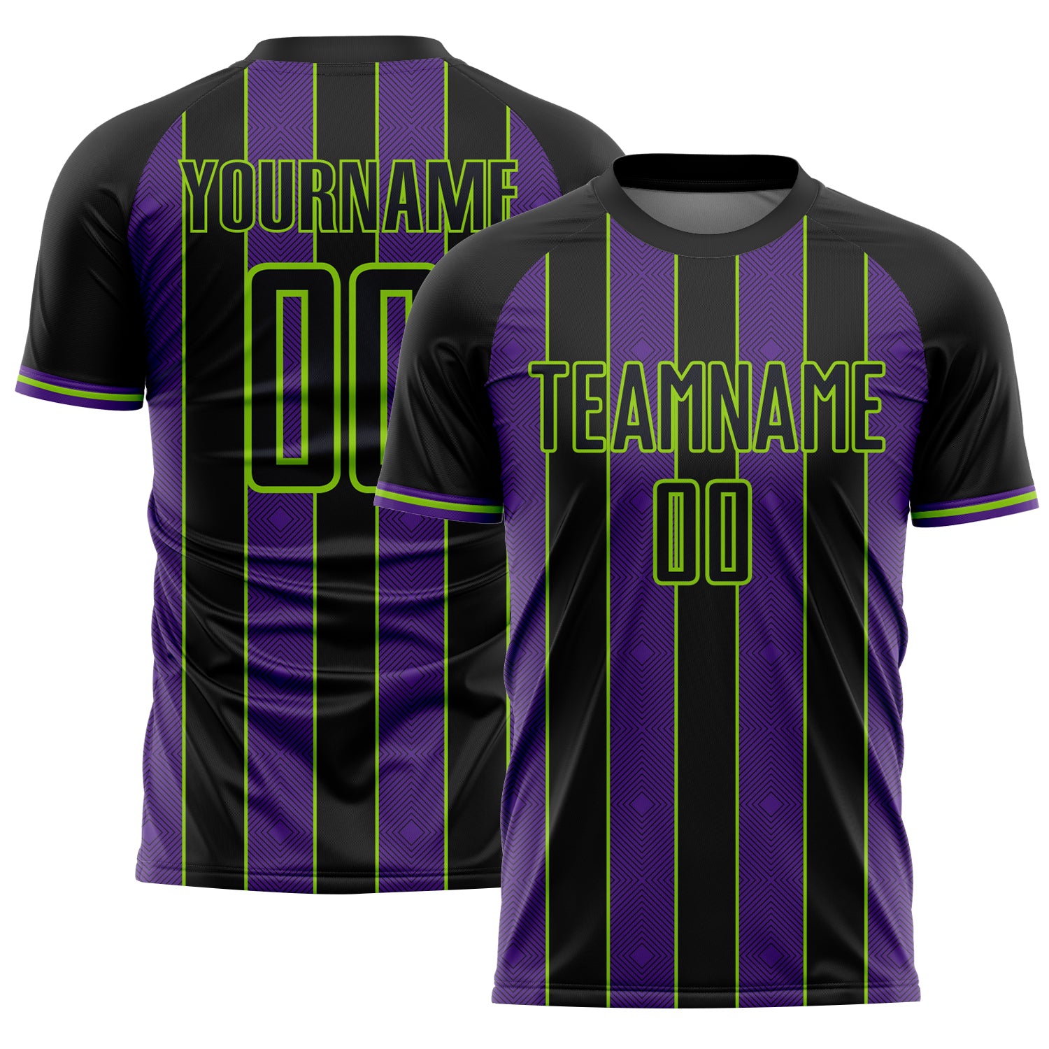 FansIdea Custom Black Purple-Neon Green Pinstripe Line Sports Sublimation Soccer Uniform Jersey - $16.99 at Proof Eyewear