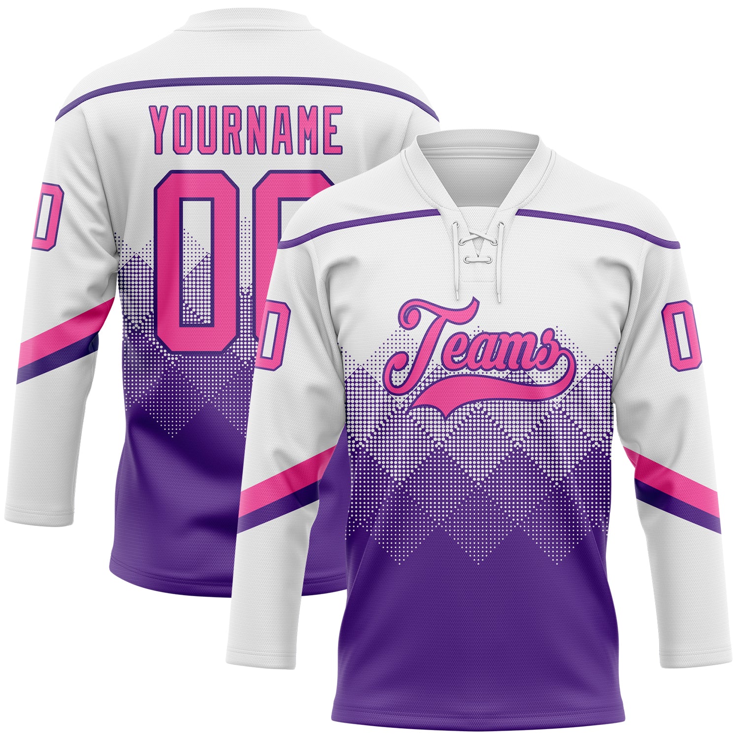 FansIdea Custom White Pink-Purple 3D Pattern Gradient Square Shapes Hockey Lace Neck Jersey - $29.99 at Proof Eyewear