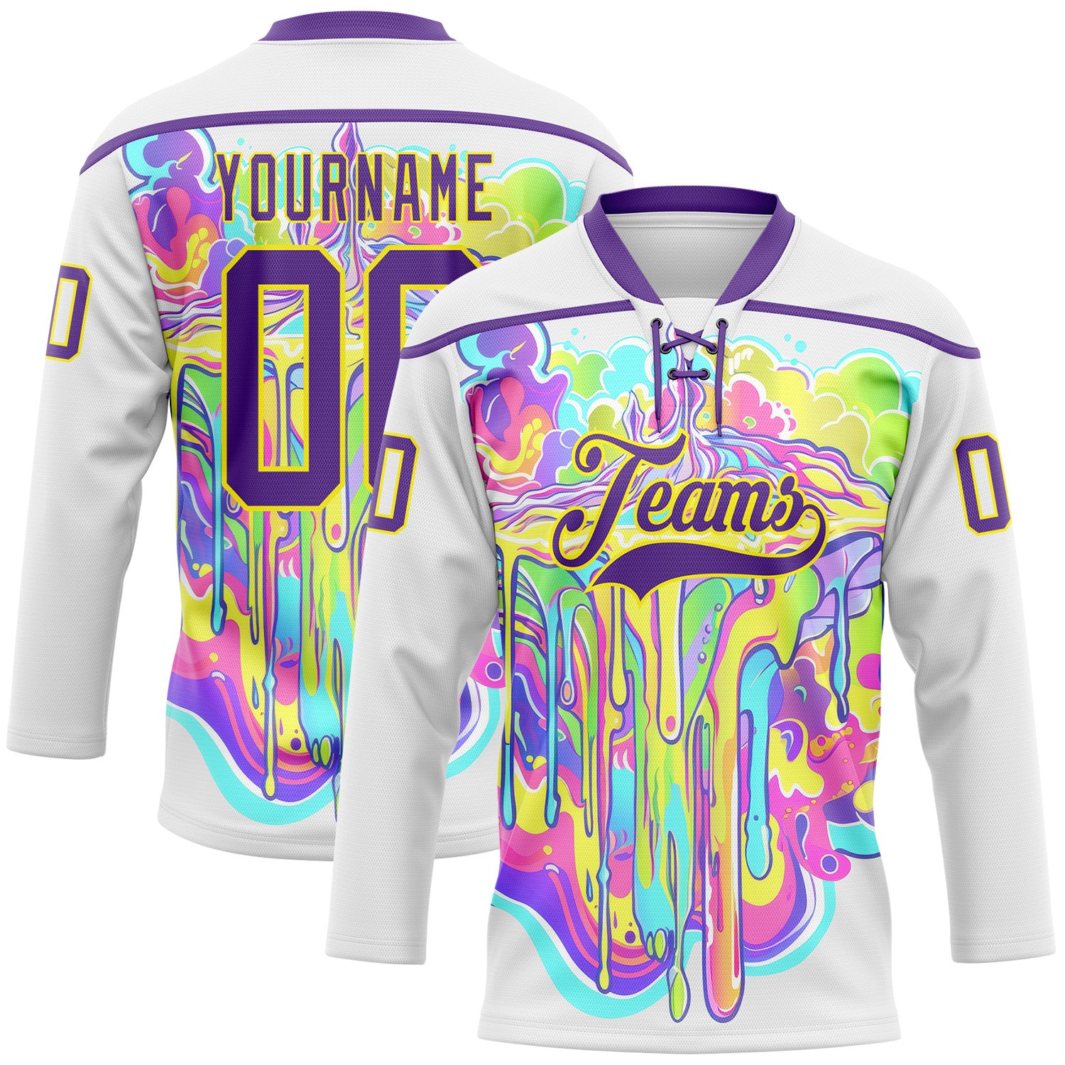 FansIdea Custom White Purple-Light Yellow Melting Psychedelic Lace Neck Hockey Jersey - $29.99 at Proof Eyewear